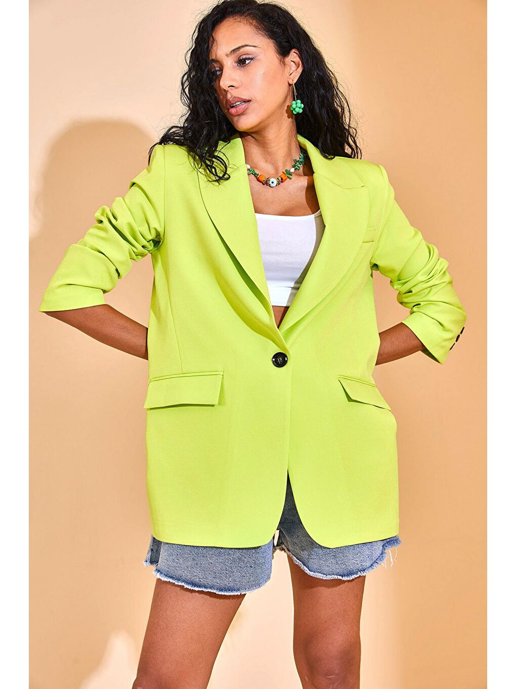 Neon Yeşil Tek Düğmeli Blazer Ceket 3KXK4-46558-89-3