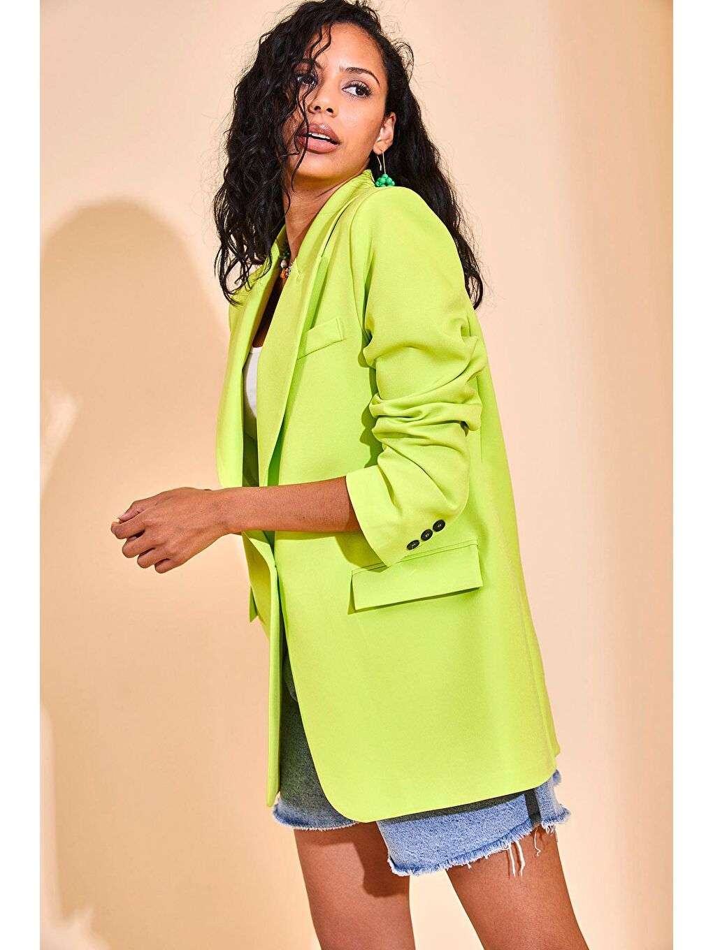 Neon Yeşil Tek Düğmeli Blazer Ceket 3KXK4-46558-89-4