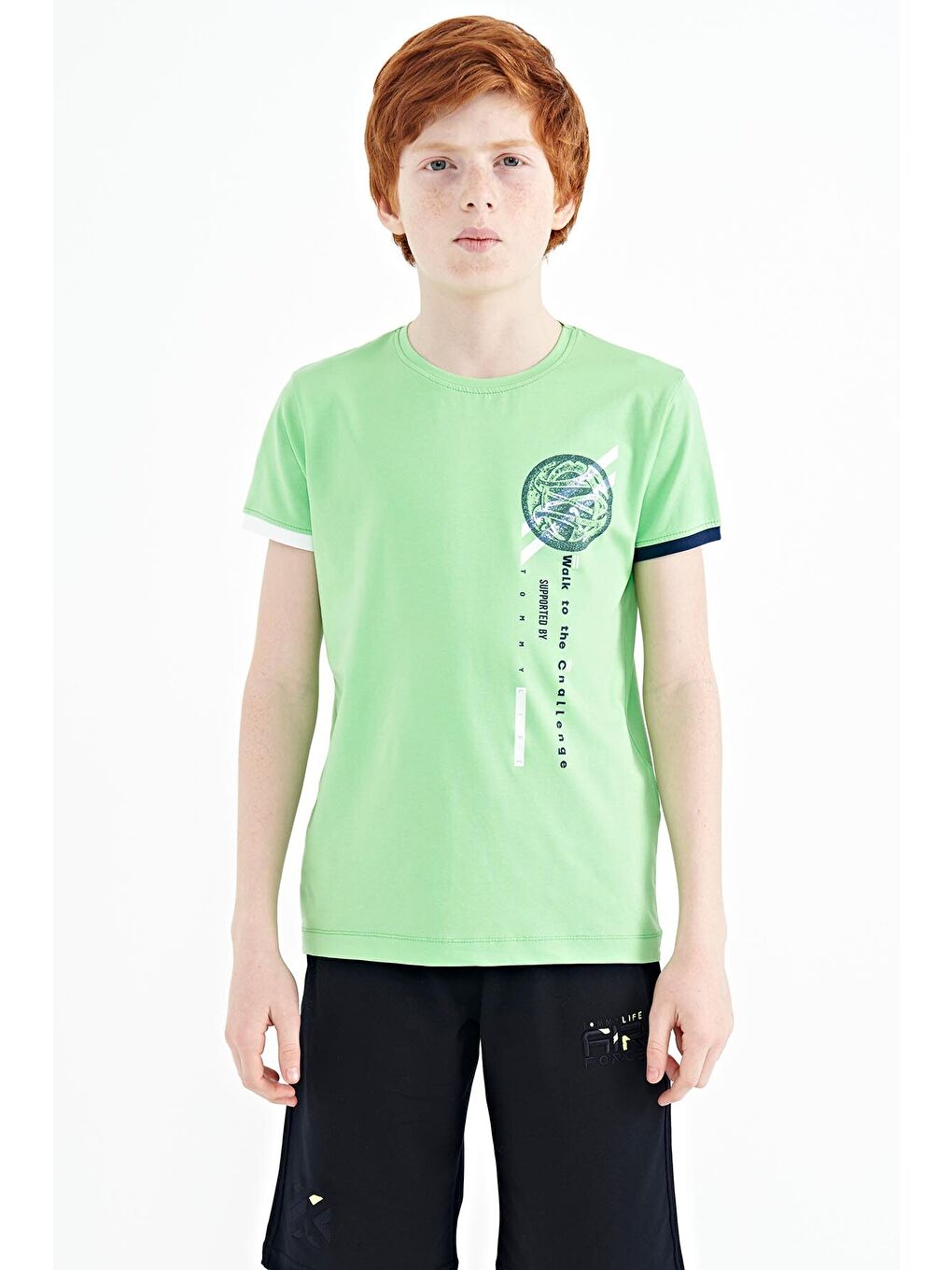 Neon Yeşil Baskı Detaylı O Yaka Standart Kalıp Erkek Çocuk Tişört - 11131