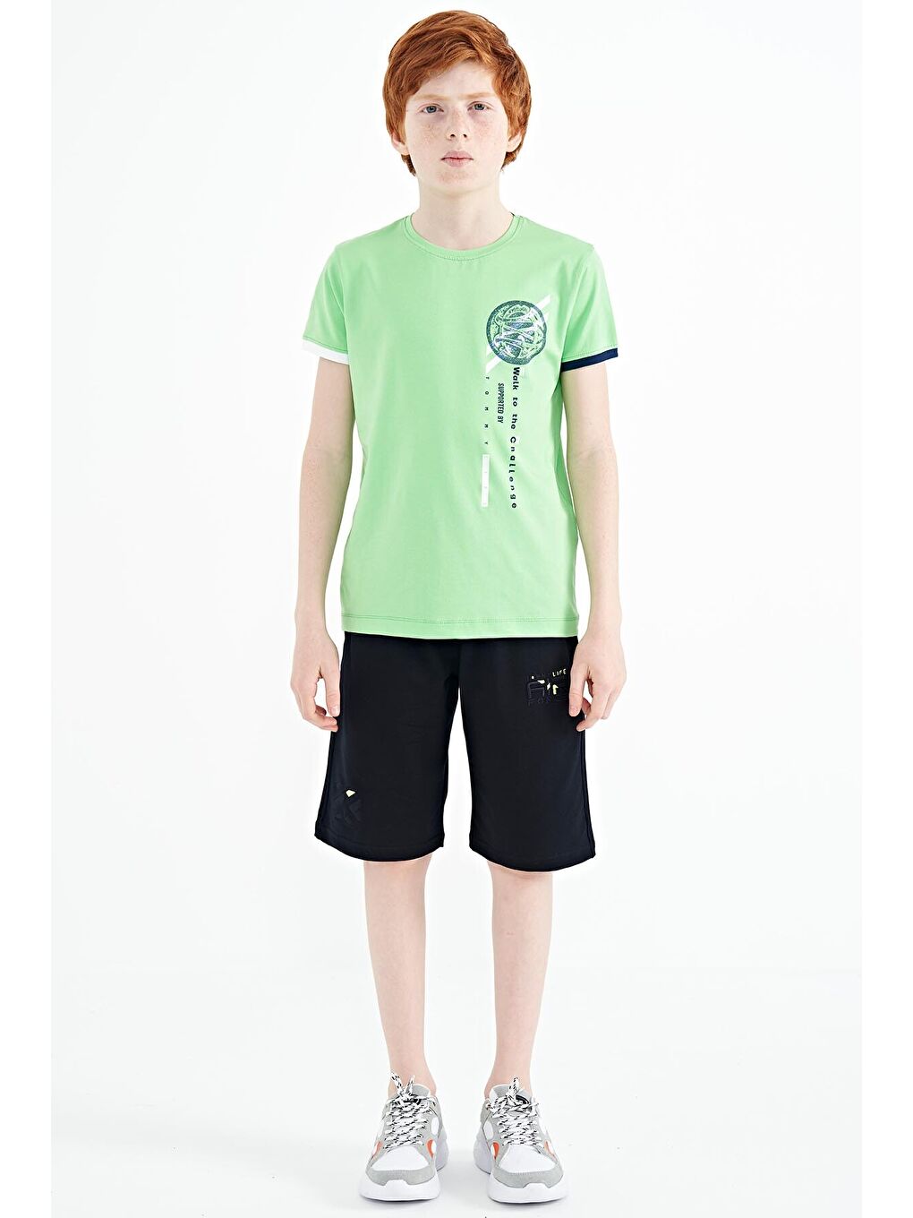 Neon Yeşil Baskı Detaylı O Yaka Standart Kalıp Erkek Çocuk Tişört - 11131-1