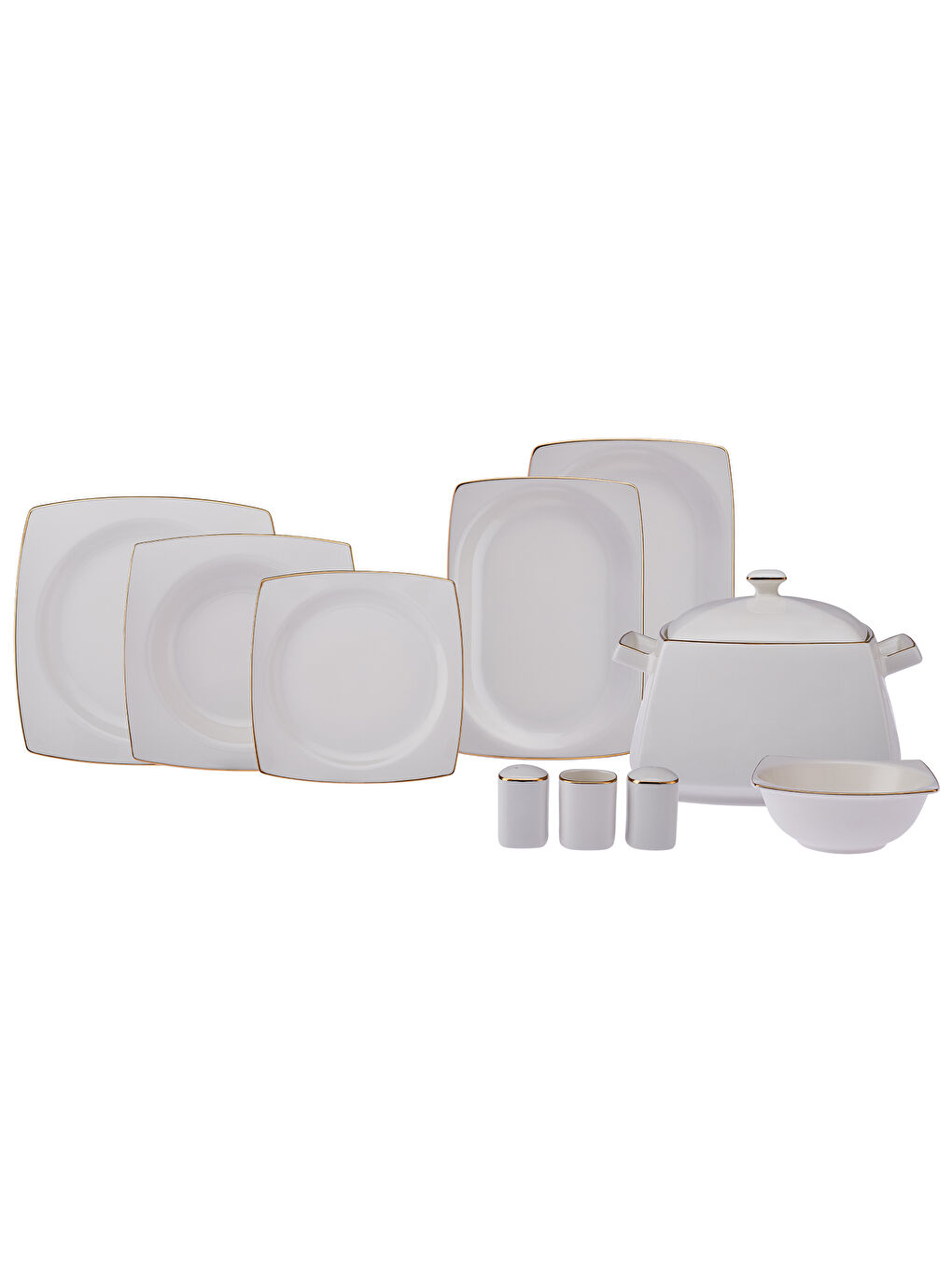Beyaz Karmen Porselen 60 Parça 12 Kişilik Yemek Takımı Kare Gold-4