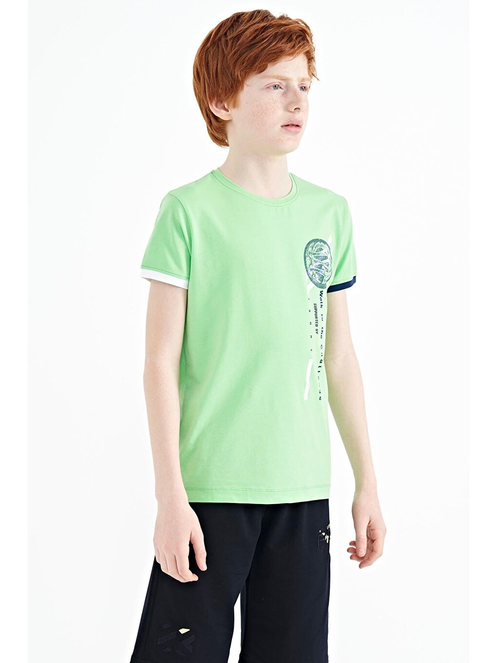 Neon Yeşil Baskı Detaylı O Yaka Standart Kalıp Erkek Çocuk Tişört - 11131-4