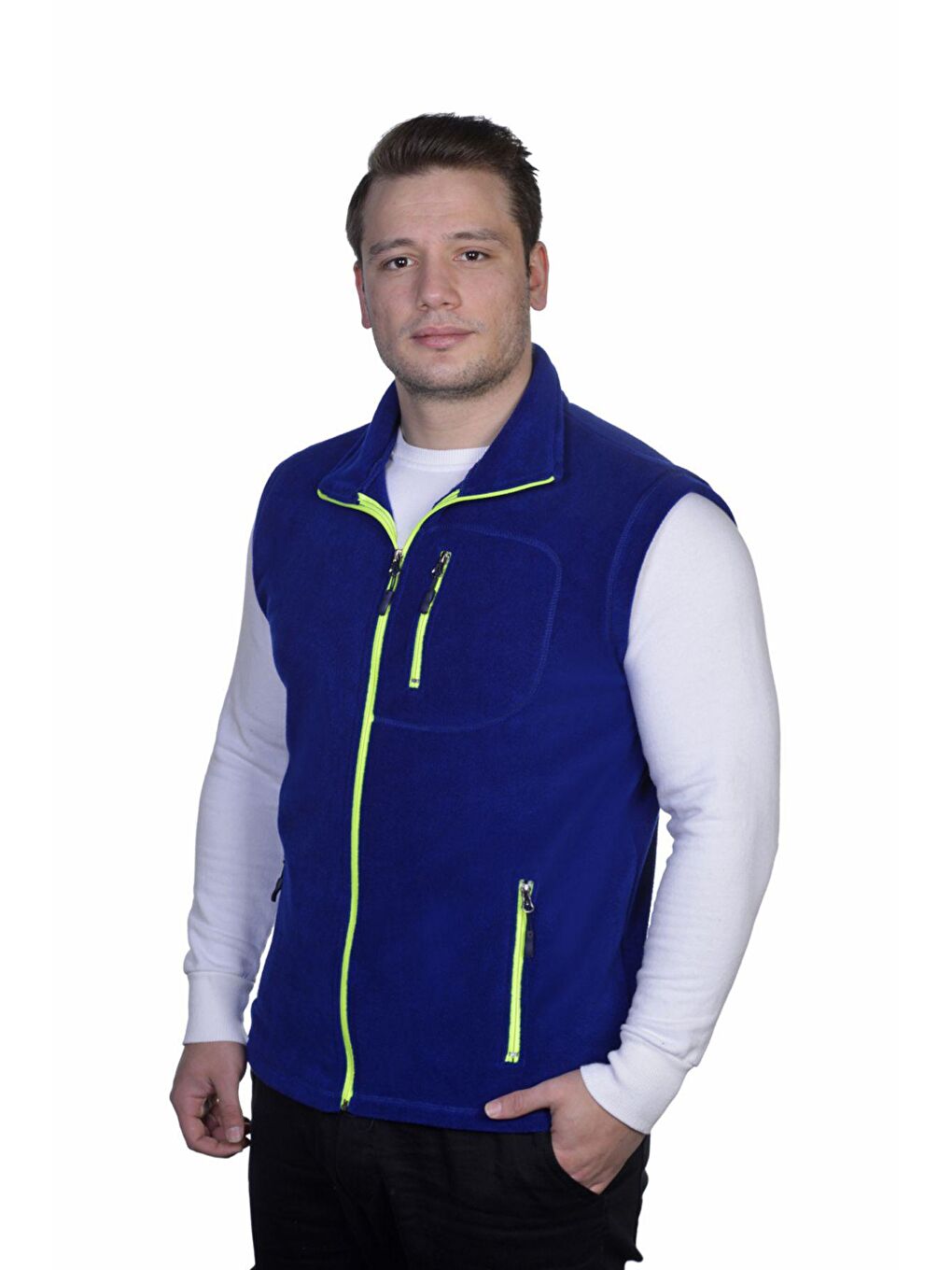 GENIUS STORE Mat Mavi Erkek Polar Yelek Tam Femuarlı Outdoor Spor Yelek 3 Cepli 8 Renk - 1