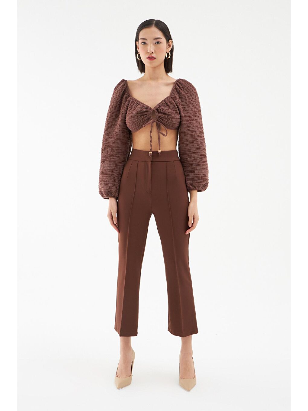 Önü Bağlamalı Gipeli Bluz Kahverengi-2