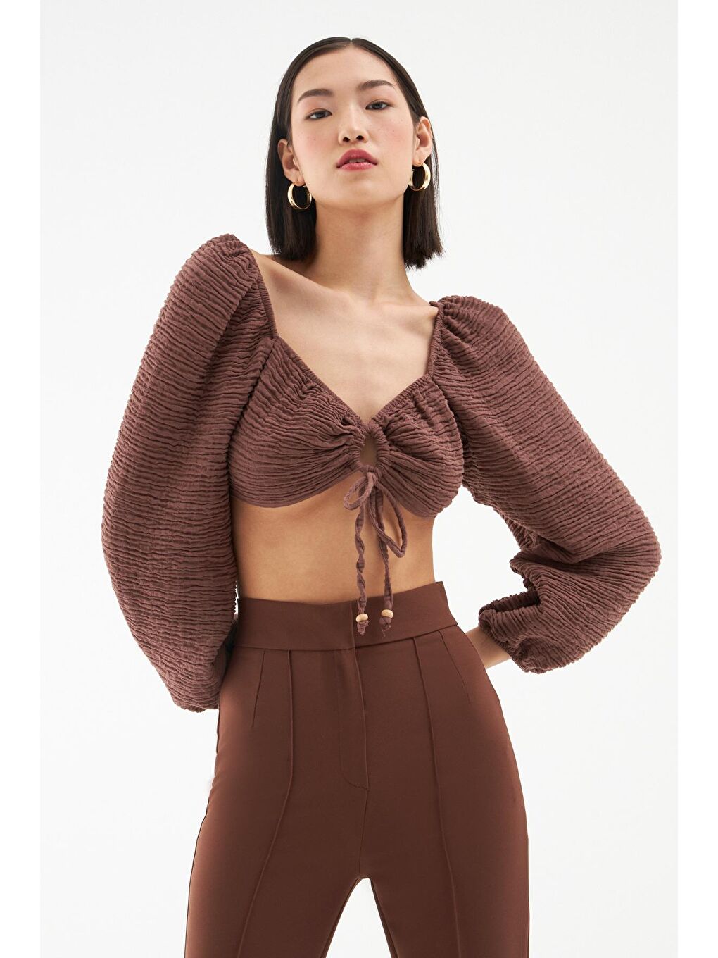 Önü Bağlamalı Gipeli Bluz Kahverengi-3