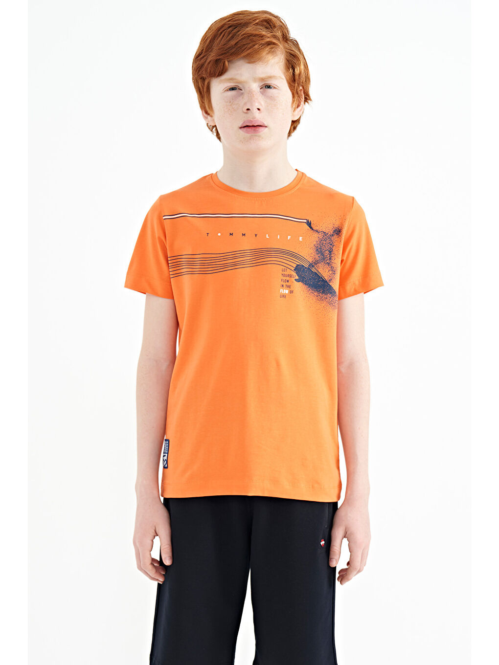 Turuncu Oranj Baskı Detaylı Standart Kalıp O Yaka Erkek Çocuk Tişört - 11133