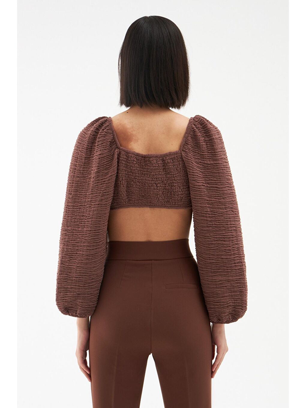 Önü Bağlamalı Gipeli Bluz Kahverengi-4