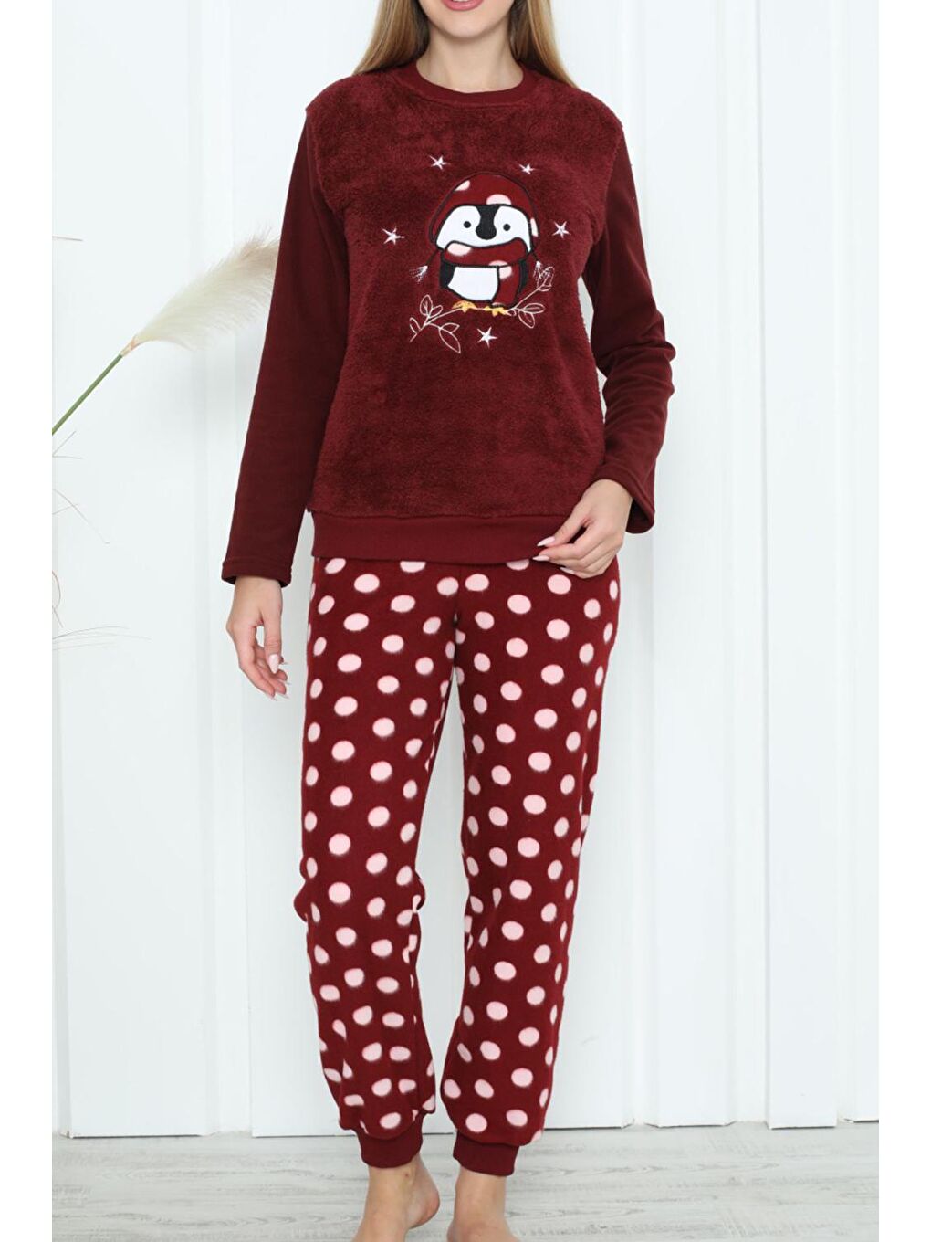 Bordo Kadın Pelüş Pijama Takimi Welsoft BORDO