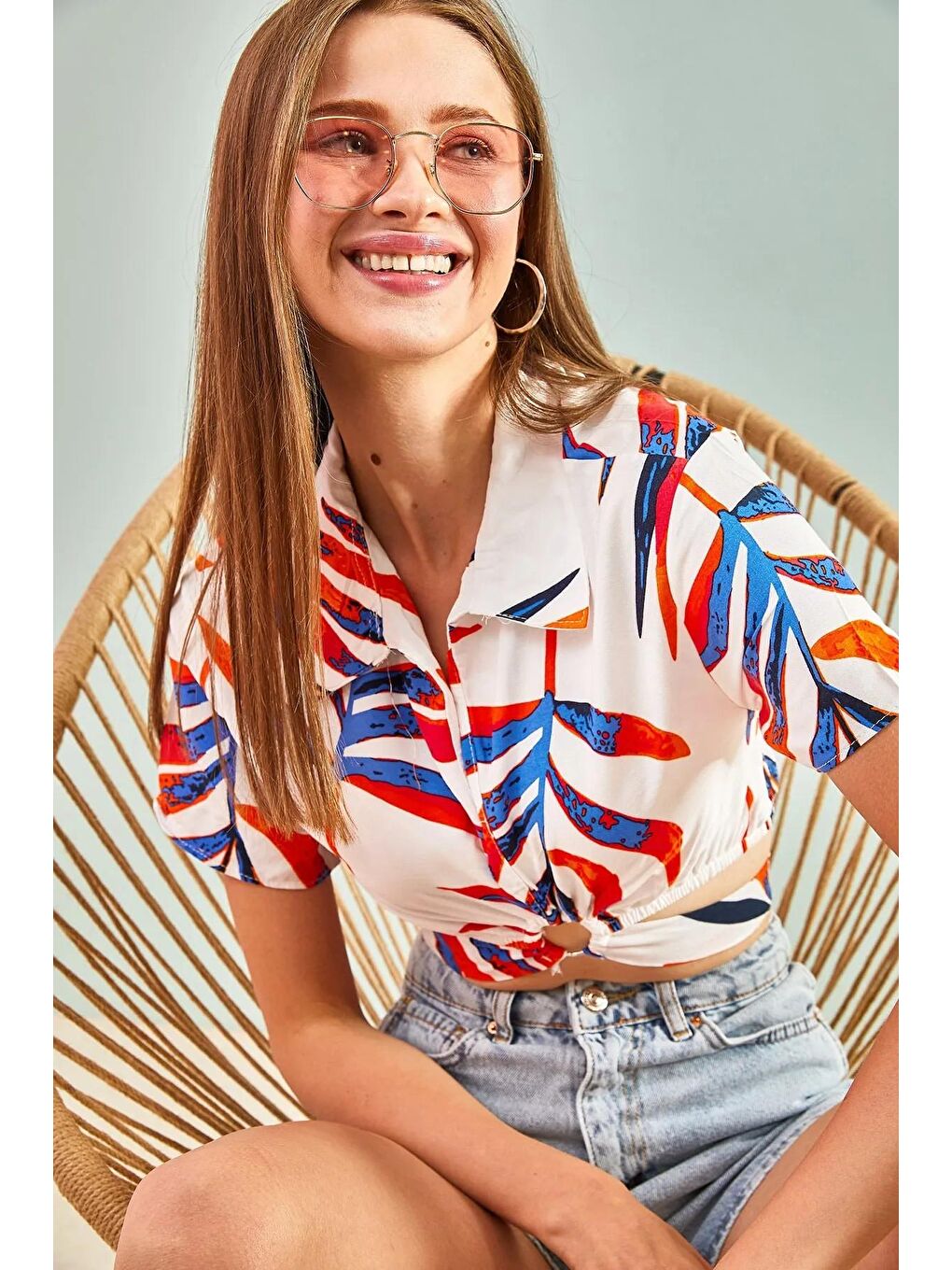 Turuncu Kadın Halka Detaylı Bağlamalı Crop Gömlek-2