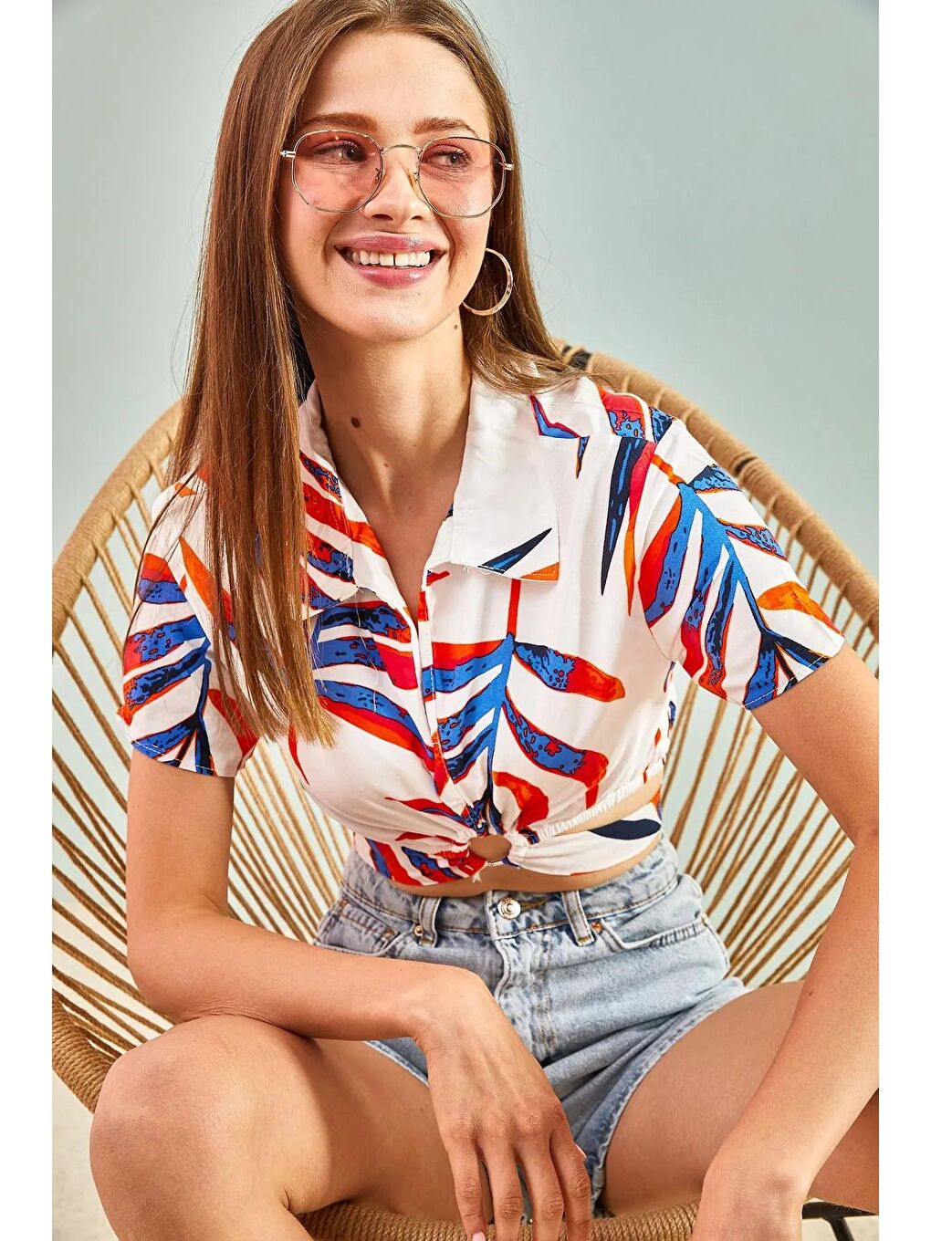 Turuncu Kadın Halka Detaylı Bağlamalı Crop Gömlek-3