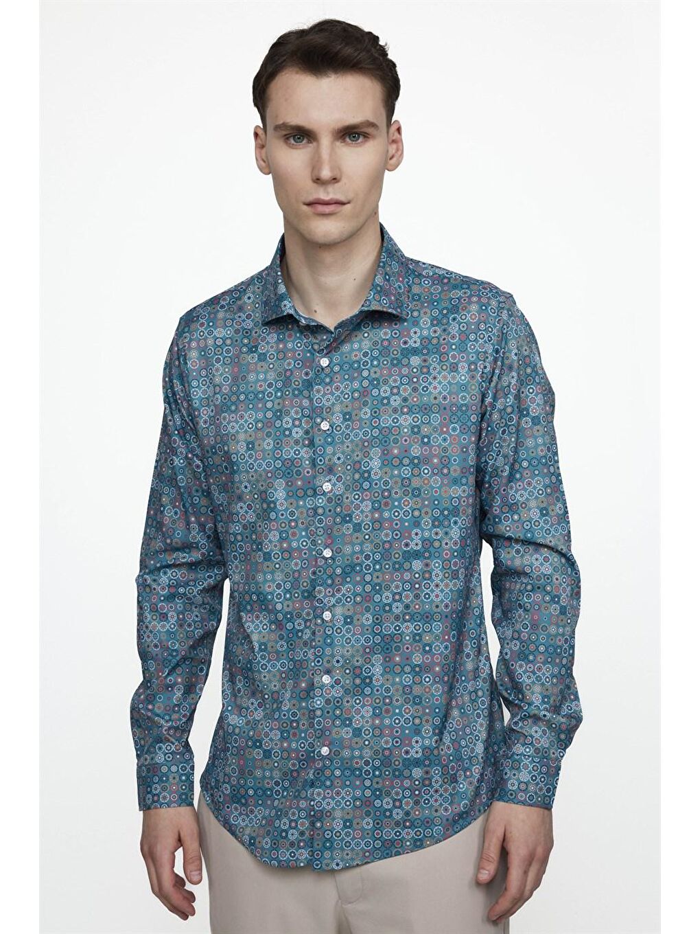 Siyah Slim Fit Dar Kesim Uzun Kollu Elastanlı Baskılı Yüksek Yaka Erkek Renkli Gömlek