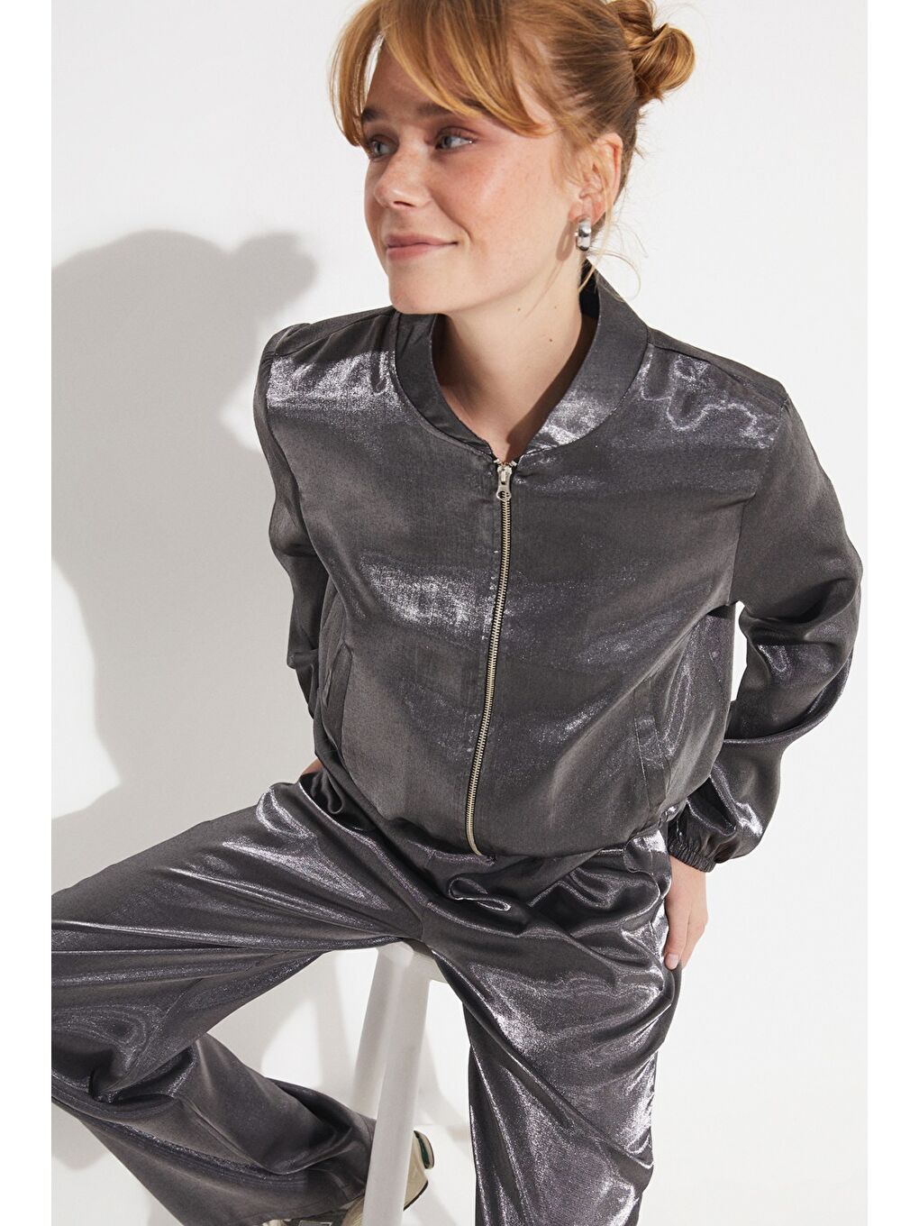 Antrasit Parlak Kumaş Bomber Ceket-4