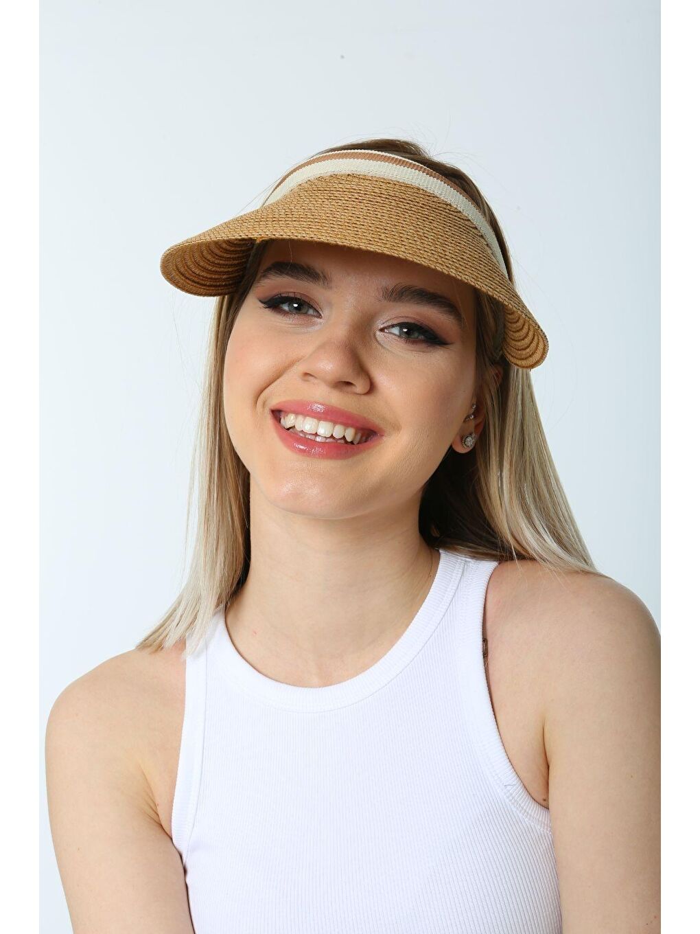 Luminos Butik Kahverengi Camel Ithal Şeritli Hasır Vizör Şapka Kutulu Gönderim HSR2000 - 4