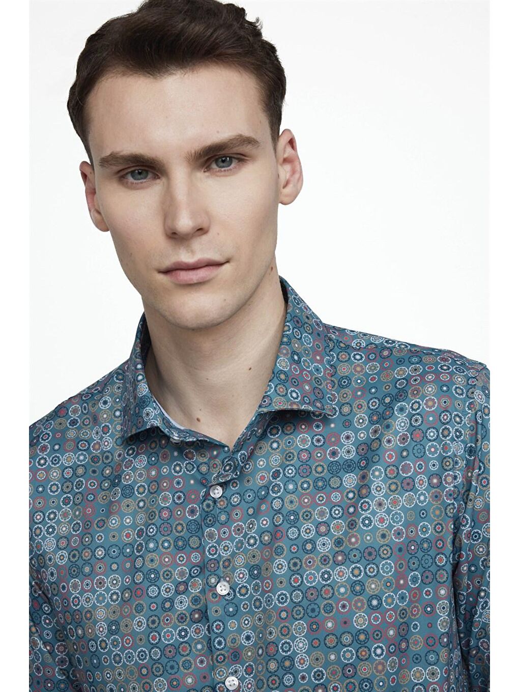 Siyah Slim Fit Dar Kesim Uzun Kollu Elastanlı Baskılı Yüksek Yaka Erkek Renkli Gömlek-2