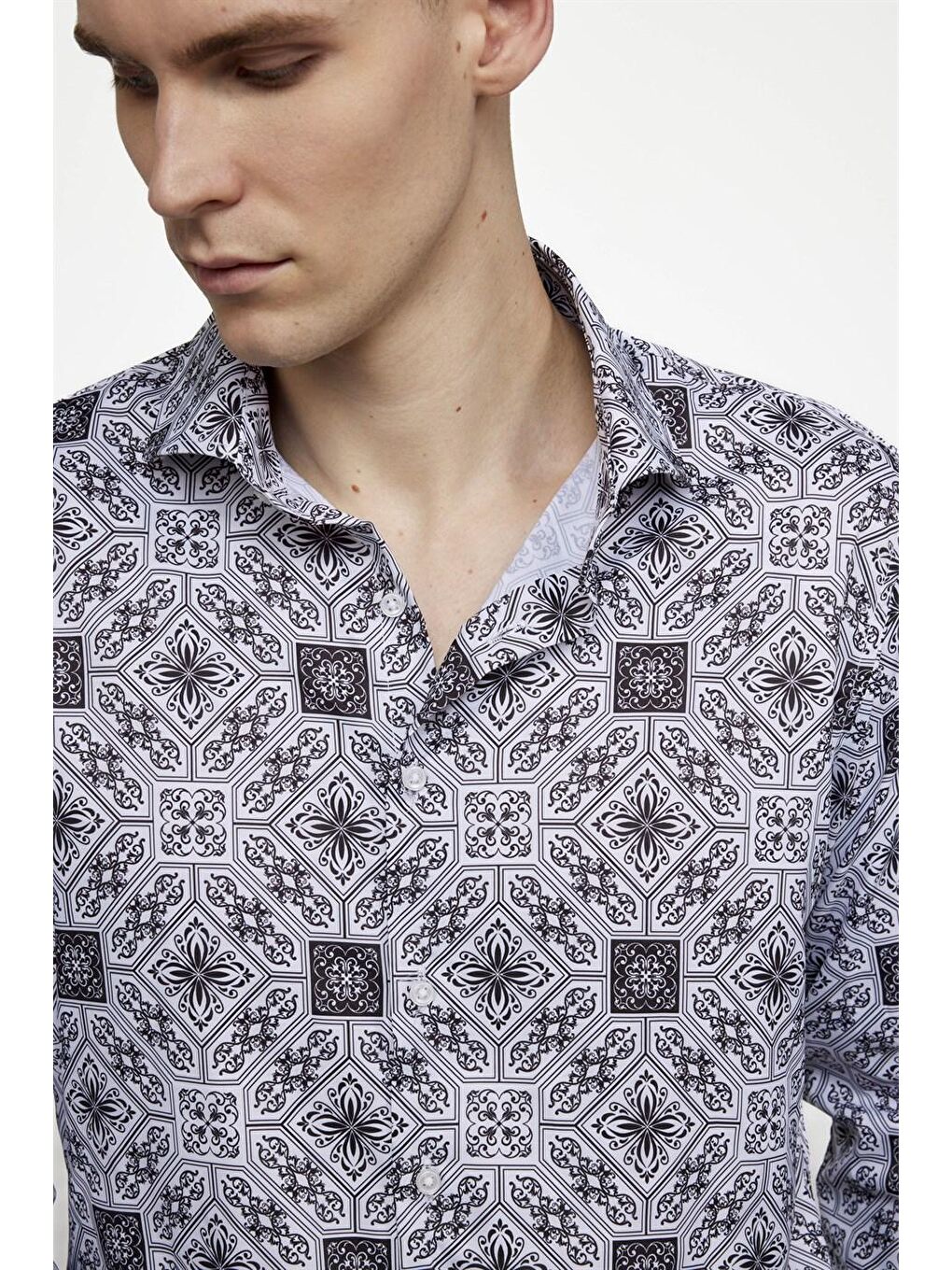 Siyah Slim Fit Dar Kesim Uzun Kollu Elastanlı Baskılı Yüksek Yaka Erkek Çok Renkli Gömlek-2