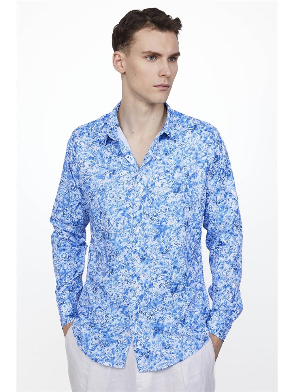 Siyah Slim Fit Dar Kesim Uzun Kollu Elastanlı Baskılı Erkek Renkli Gömlek