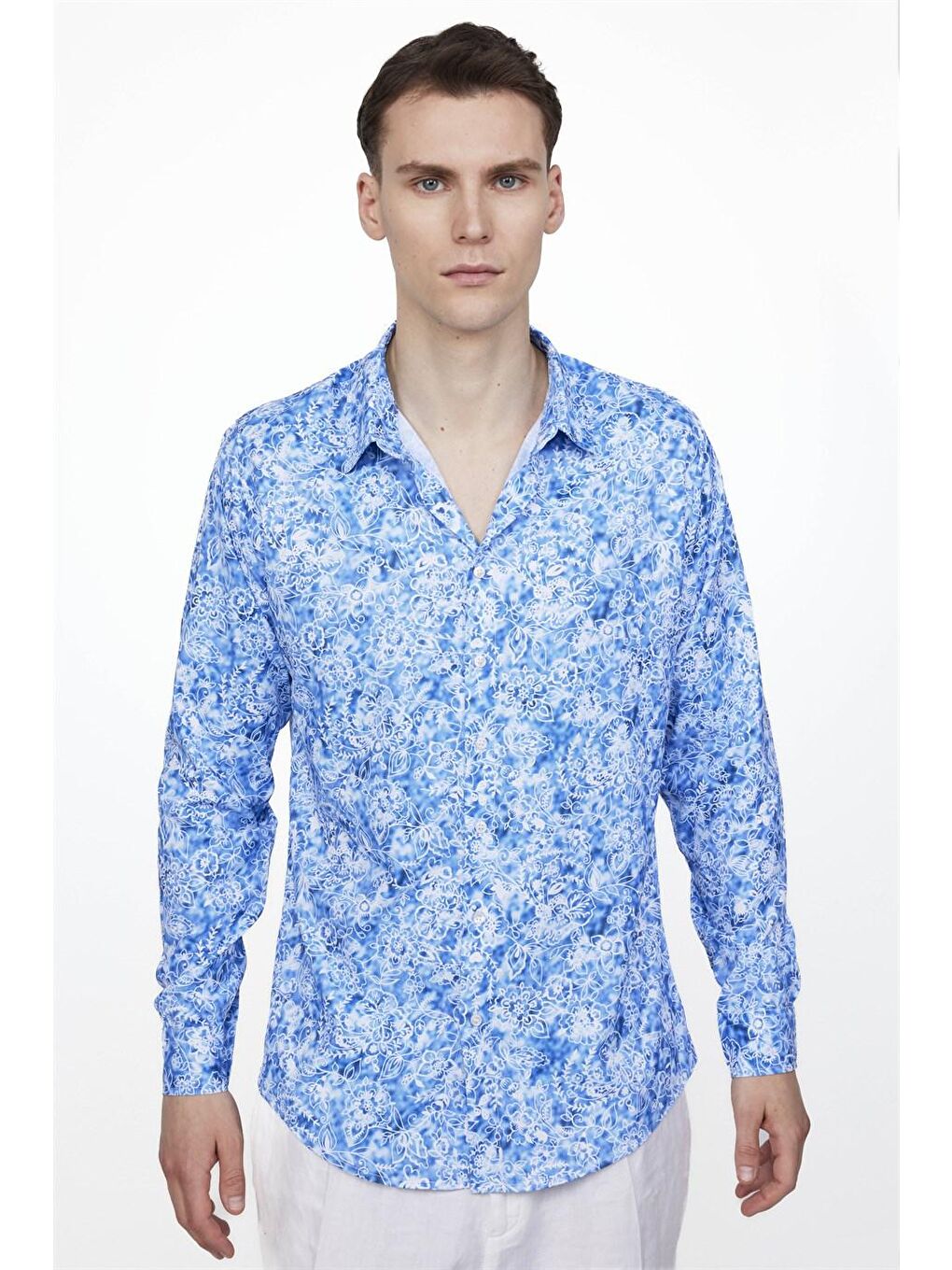 Siyah Slim Fit Dar Kesim Uzun Kollu Elastanlı Baskılı Erkek Renkli Gömlek-1