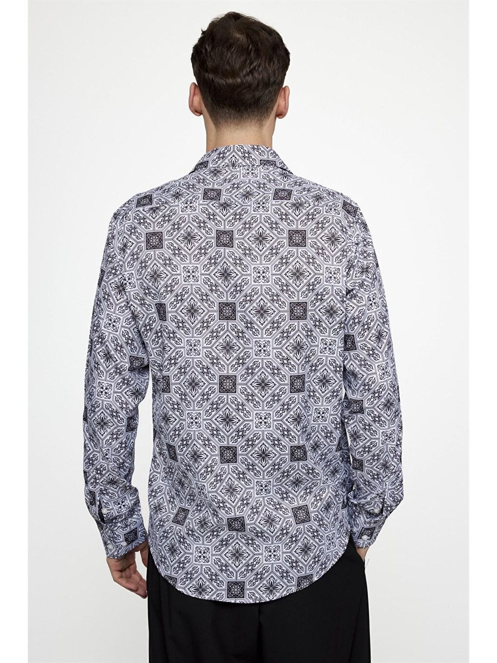 Siyah Slim Fit Dar Kesim Uzun Kollu Elastanlı Baskılı Yüksek Yaka Erkek Çok Renkli Gömlek-3