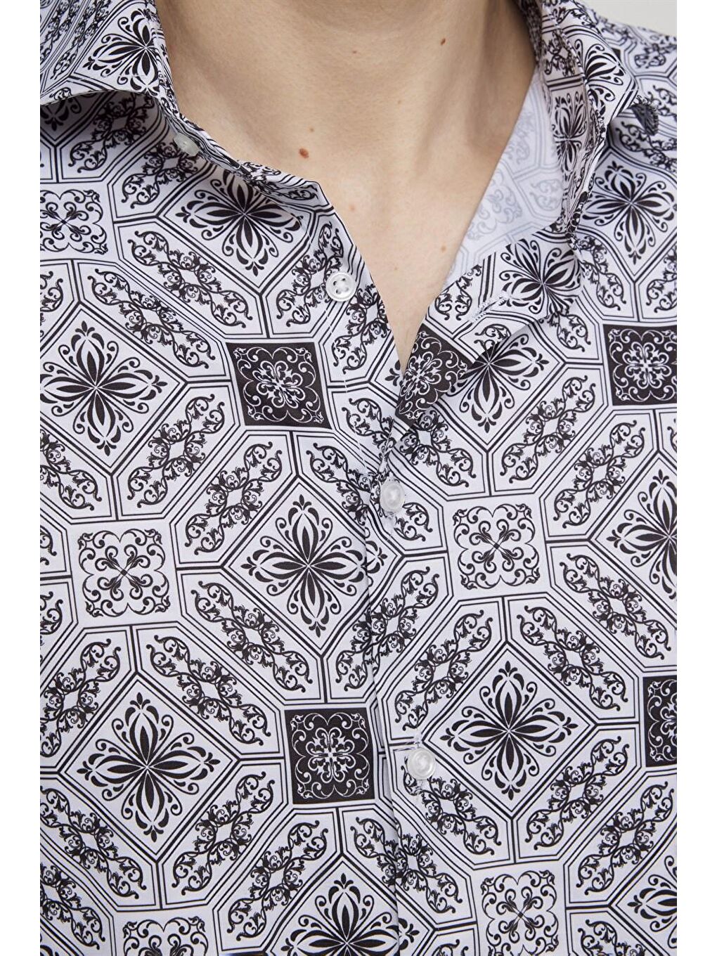 Siyah Slim Fit Dar Kesim Uzun Kollu Elastanlı Baskılı Yüksek Yaka Erkek Çok Renkli Gömlek-4