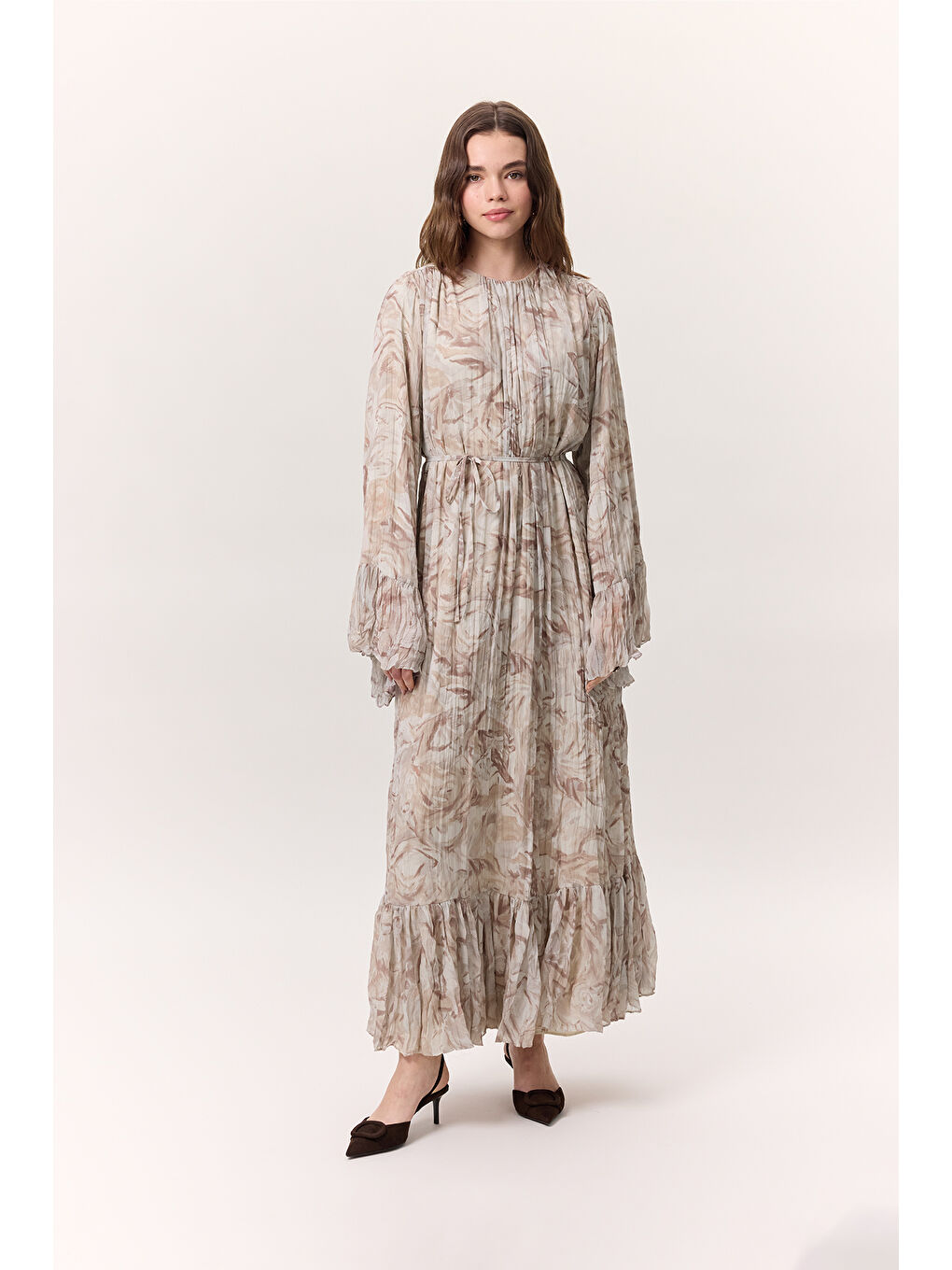 Pembe Desenli Crushlı Katlı Elbise Sophıa Somon