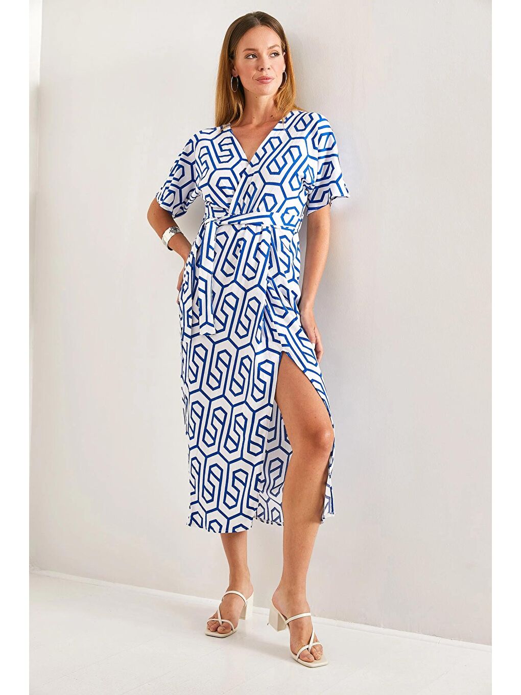 Mavi Kadın Kruvaze Yaka Kuşaklı Elbise-1