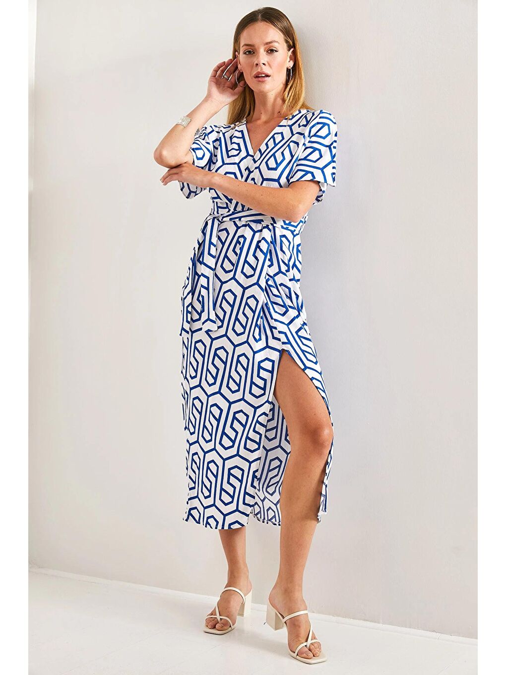 Mavi Kadın Kruvaze Yaka Kuşaklı Elbise-2