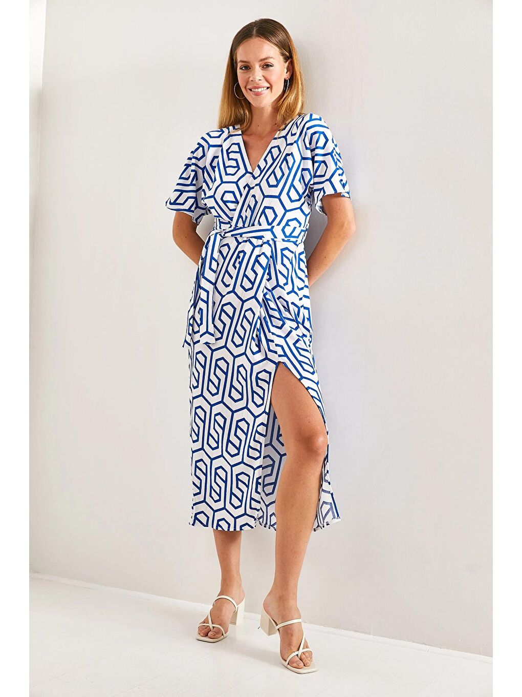 Mavi Kadın Kruvaze Yaka Kuşaklı Elbise-3