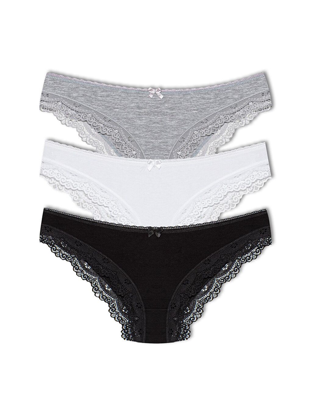 Gri Pamuklu Düşük Bel Paçası Dantel Basic Kadın Külot 3'lü