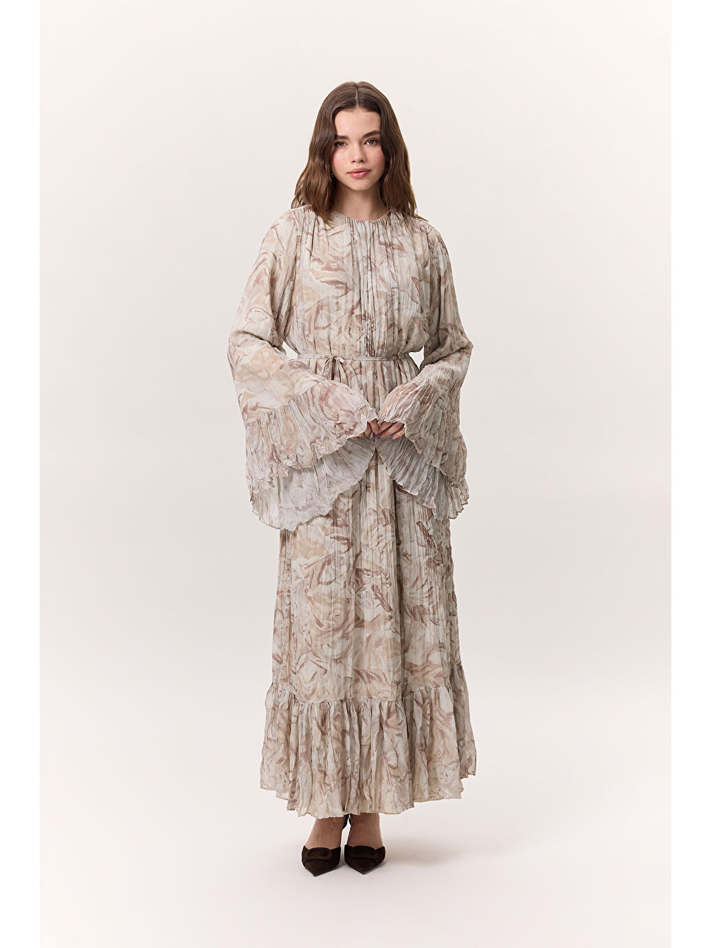 Pembe Desenli Crushlı Katlı Elbise Sophıa Somon-1