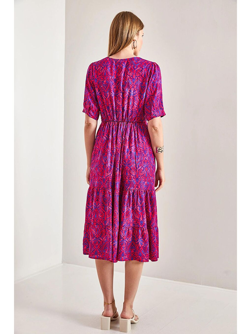 Kırmızı Kadın Kısa Kol Kruvaze Yaka Viskon Elbise-2