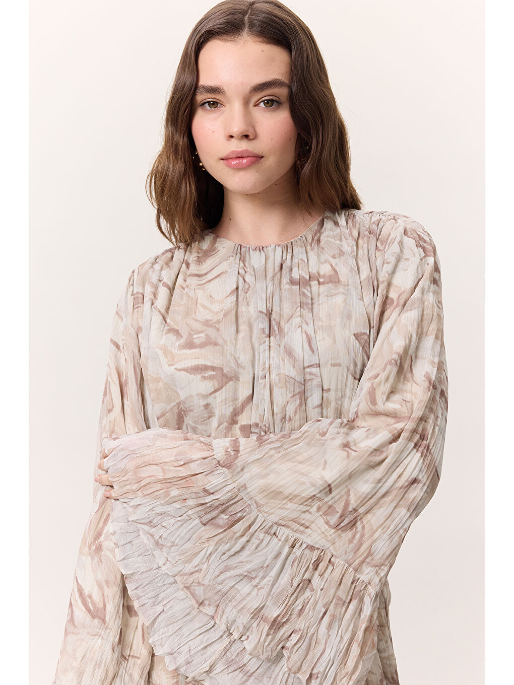 Pembe Desenli Crushlı Katlı Elbise Sophıa Somon-2