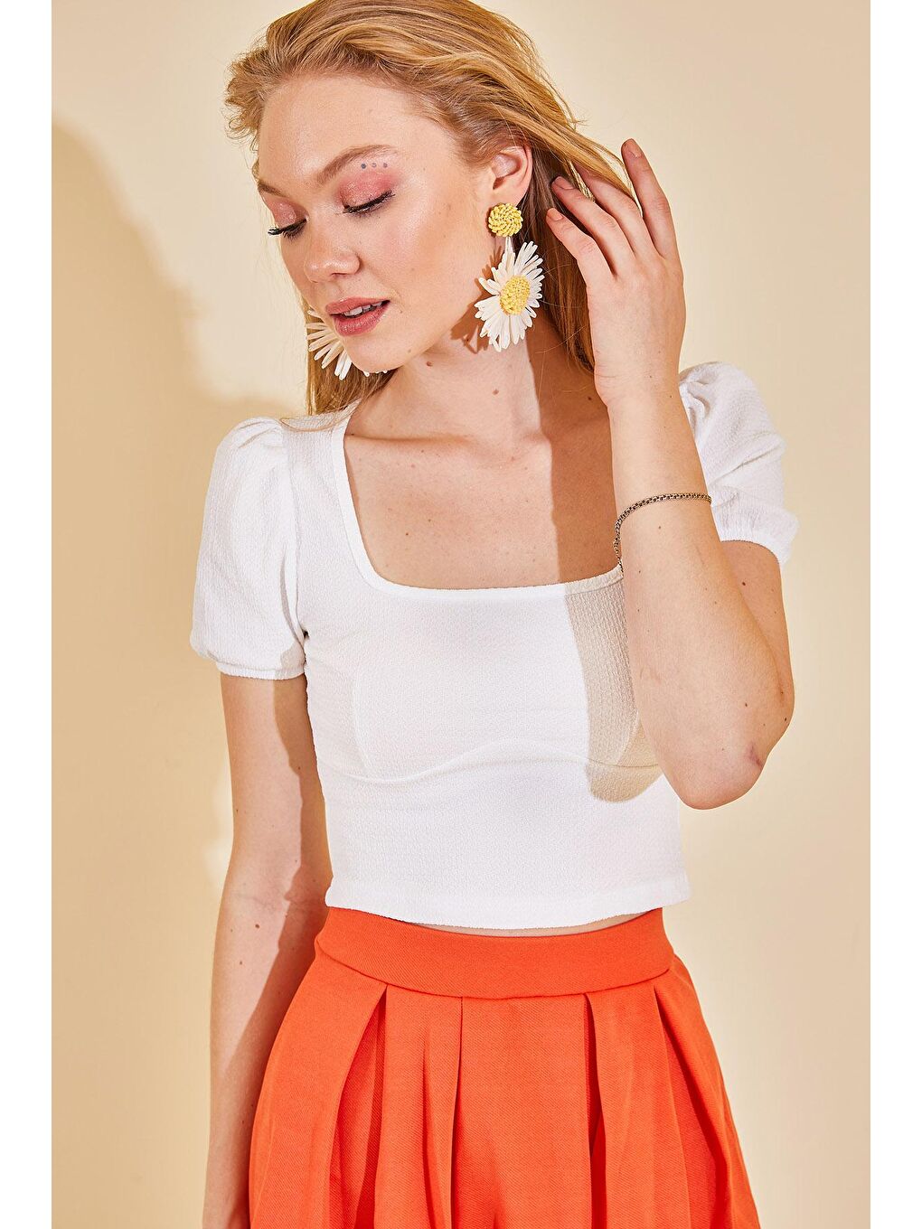 Beyaz Kare Yaka Karpuz Kol Bluz 2YXK2-46355-01-1