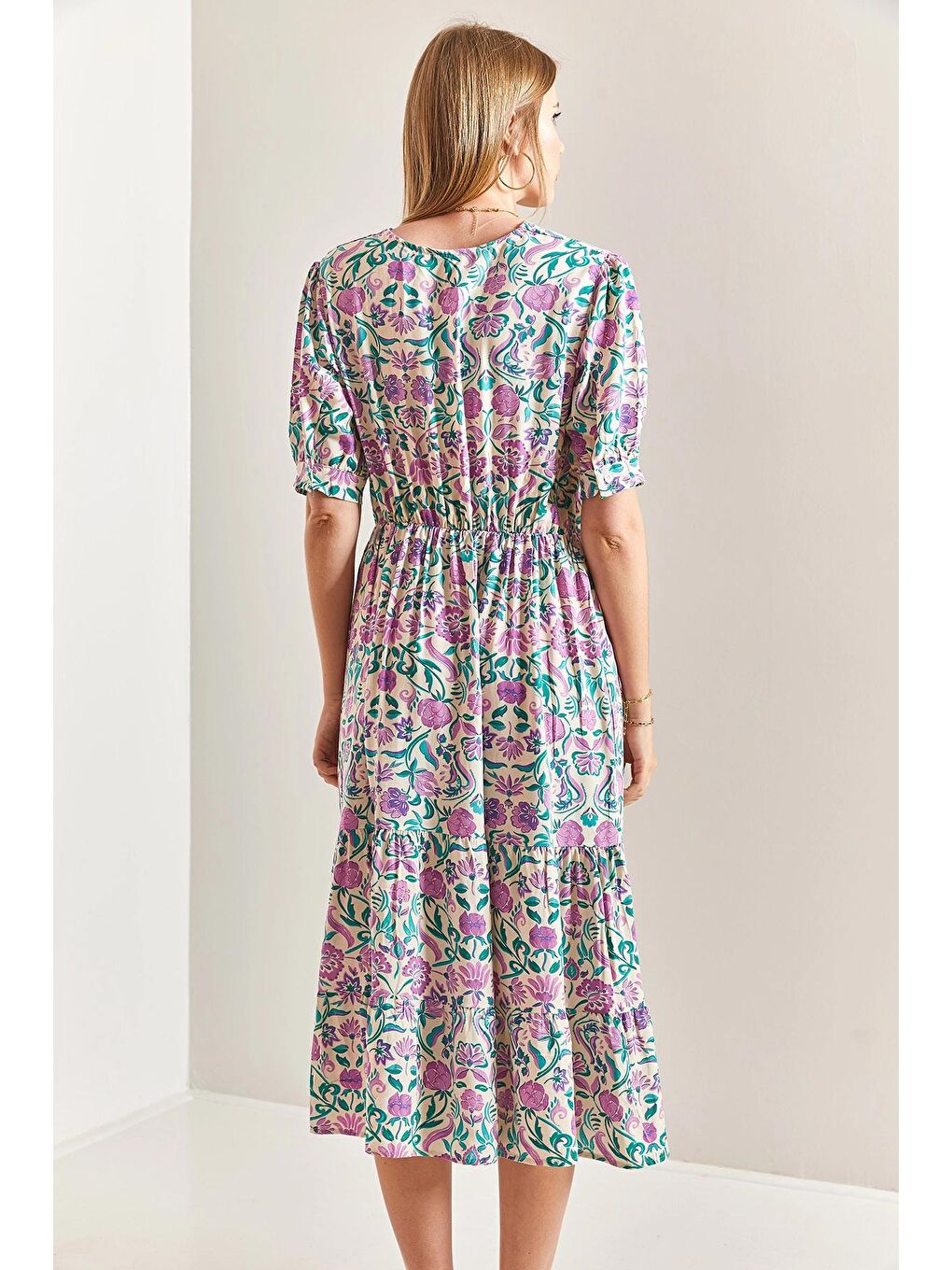 Beyaz Kadın Kısa Kol Kruvaze Yaka Viskon Elbise-3