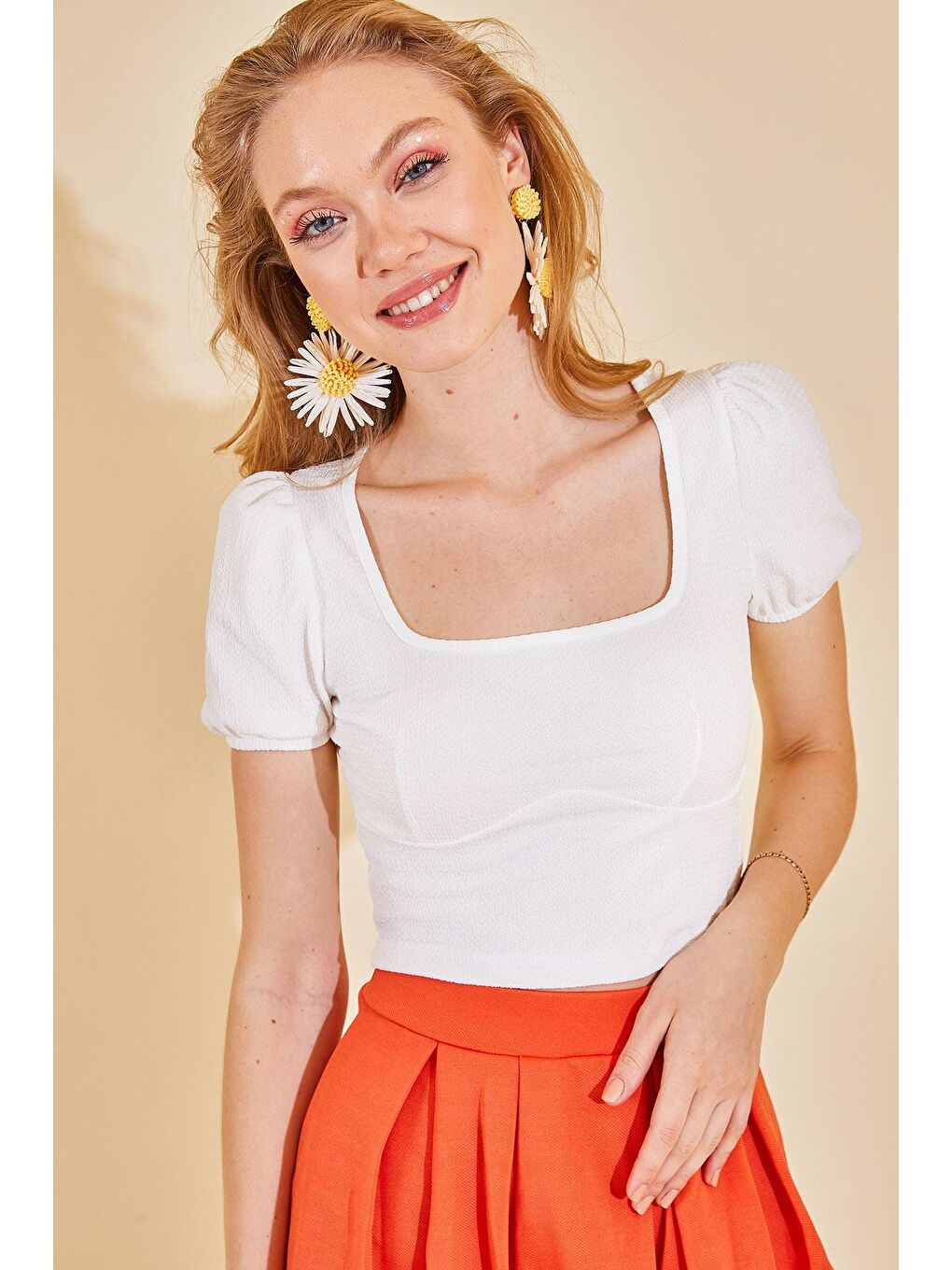 Beyaz Kare Yaka Karpuz Kol Bluz 2YXK2-46355-01-2