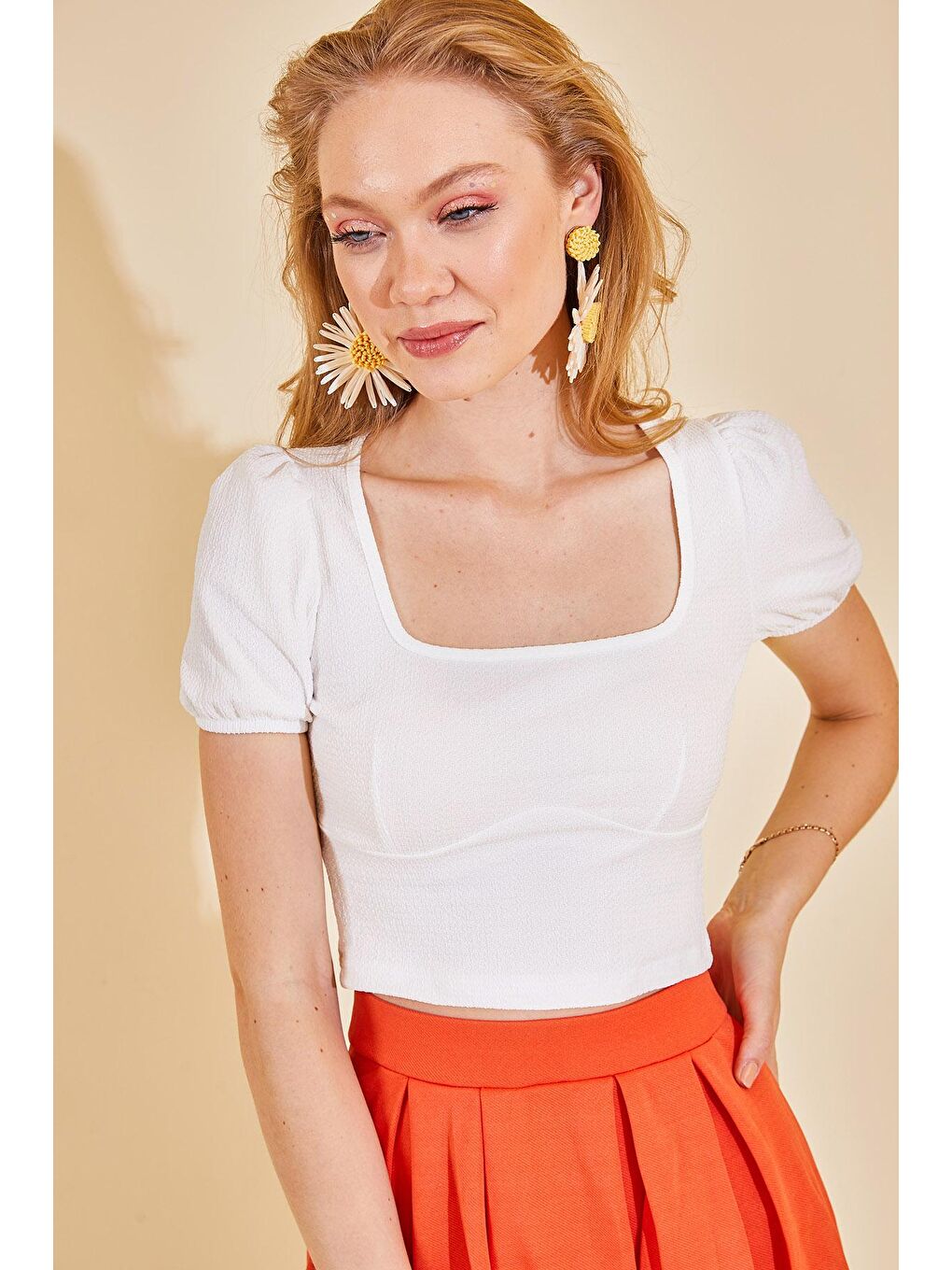 Beyaz Kare Yaka Karpuz Kol Bluz 2YXK2-46355-01-3