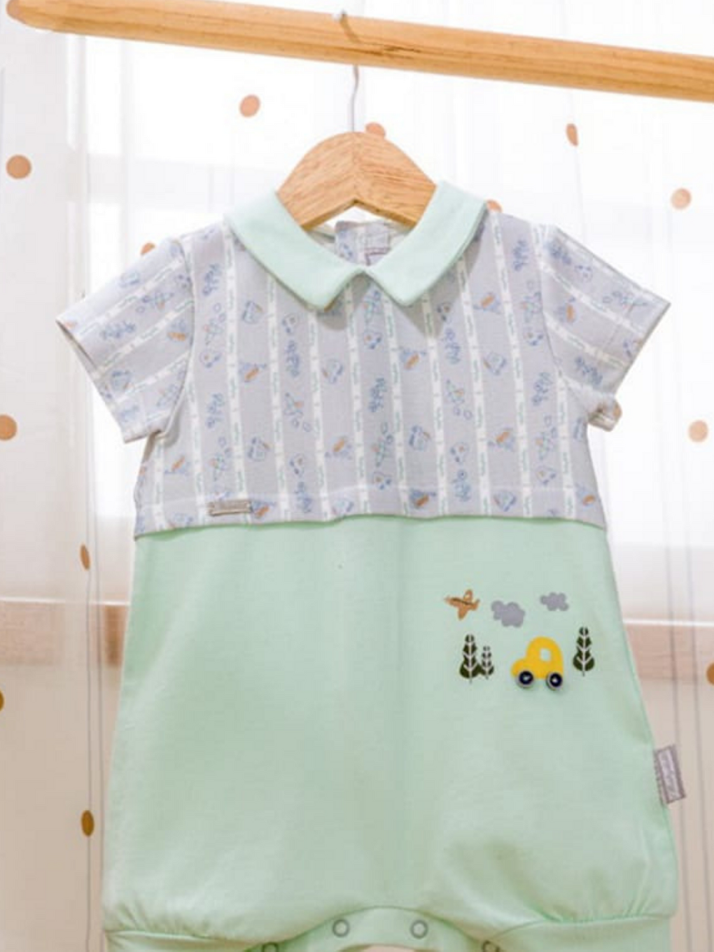 Gri Araba Desenli Yaka Detaylı Erkek Bebek Yazlık Tulum