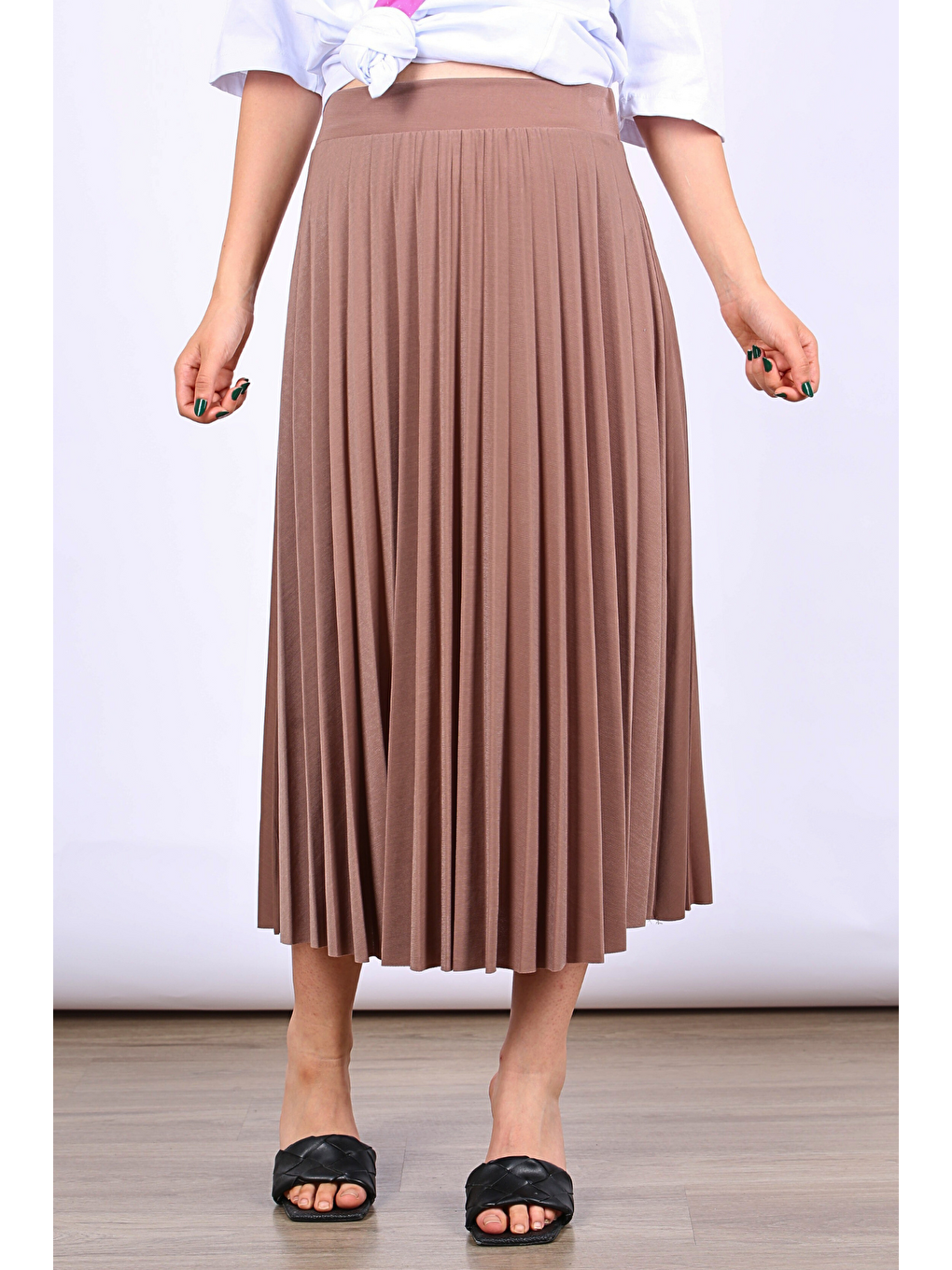Kahverengi Pileli Kadın Midi Etek Mg1879