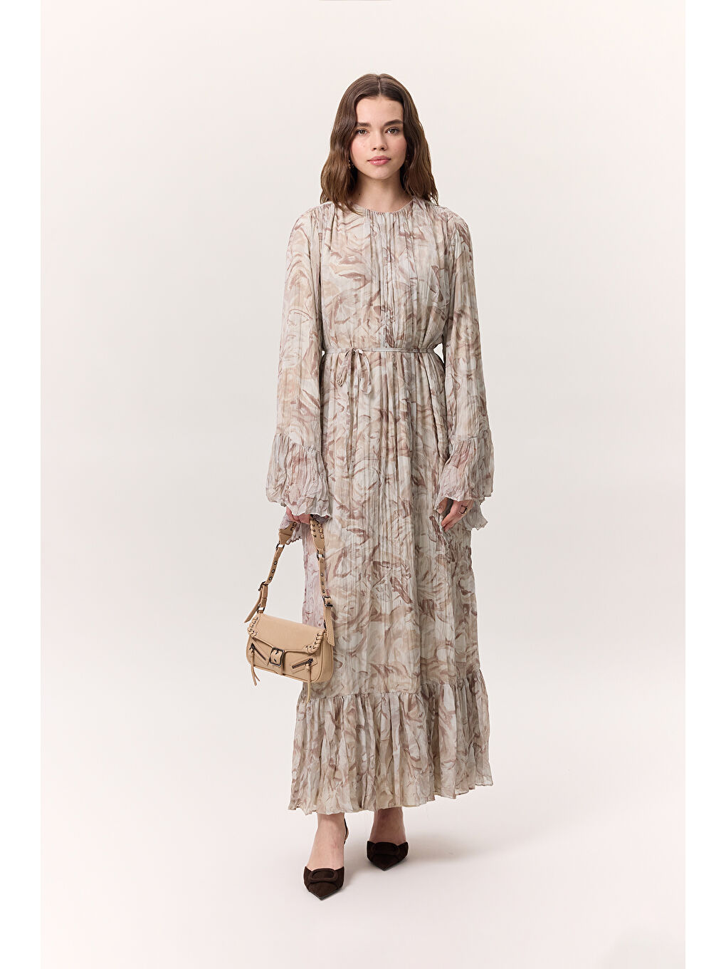 Pembe Desenli Crushlı Katlı Elbise Sophıa Somon-3