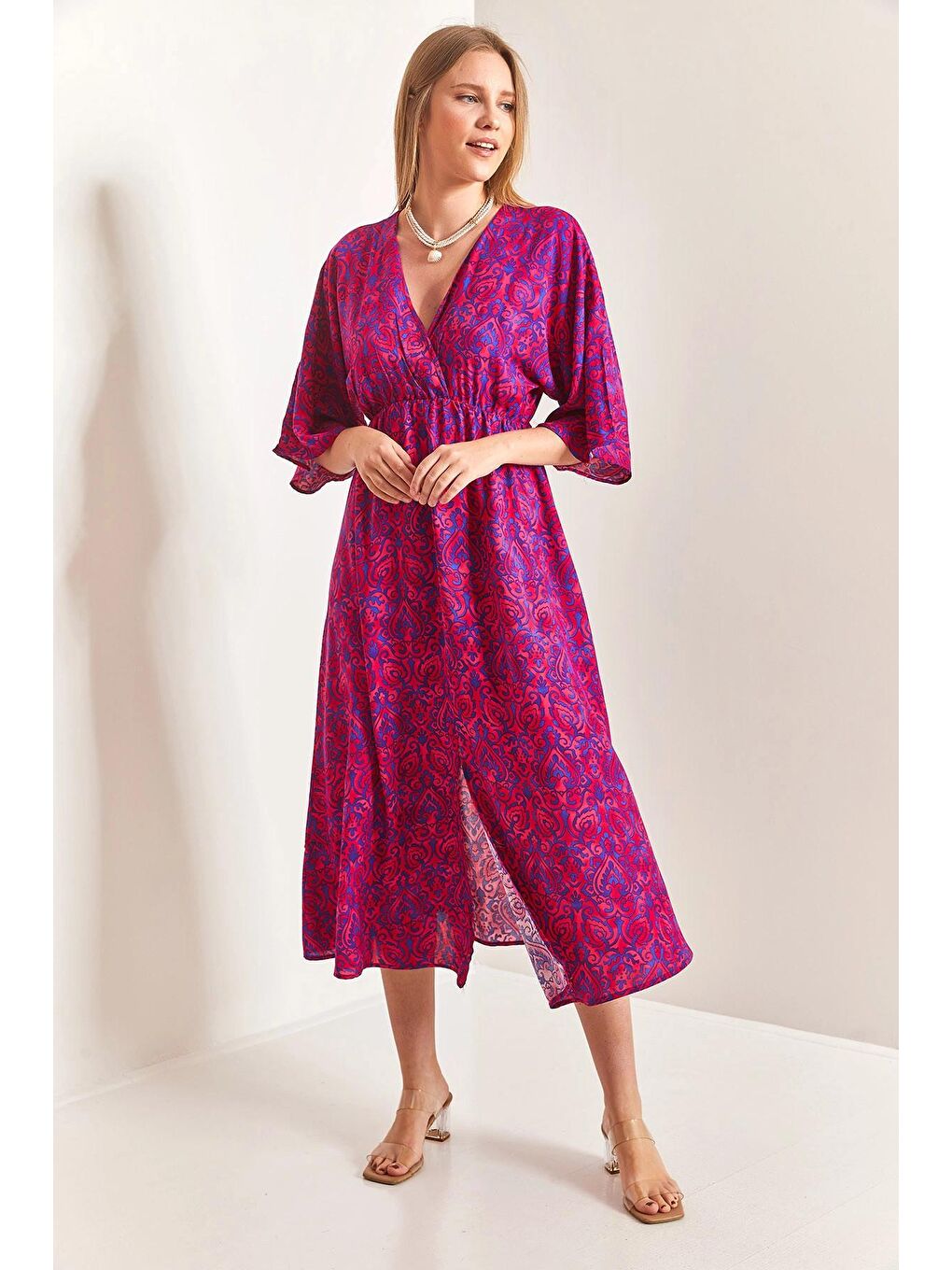 Fuşya Kadın Kruvaze Yaka Önden Yırtmaçlı Elbise