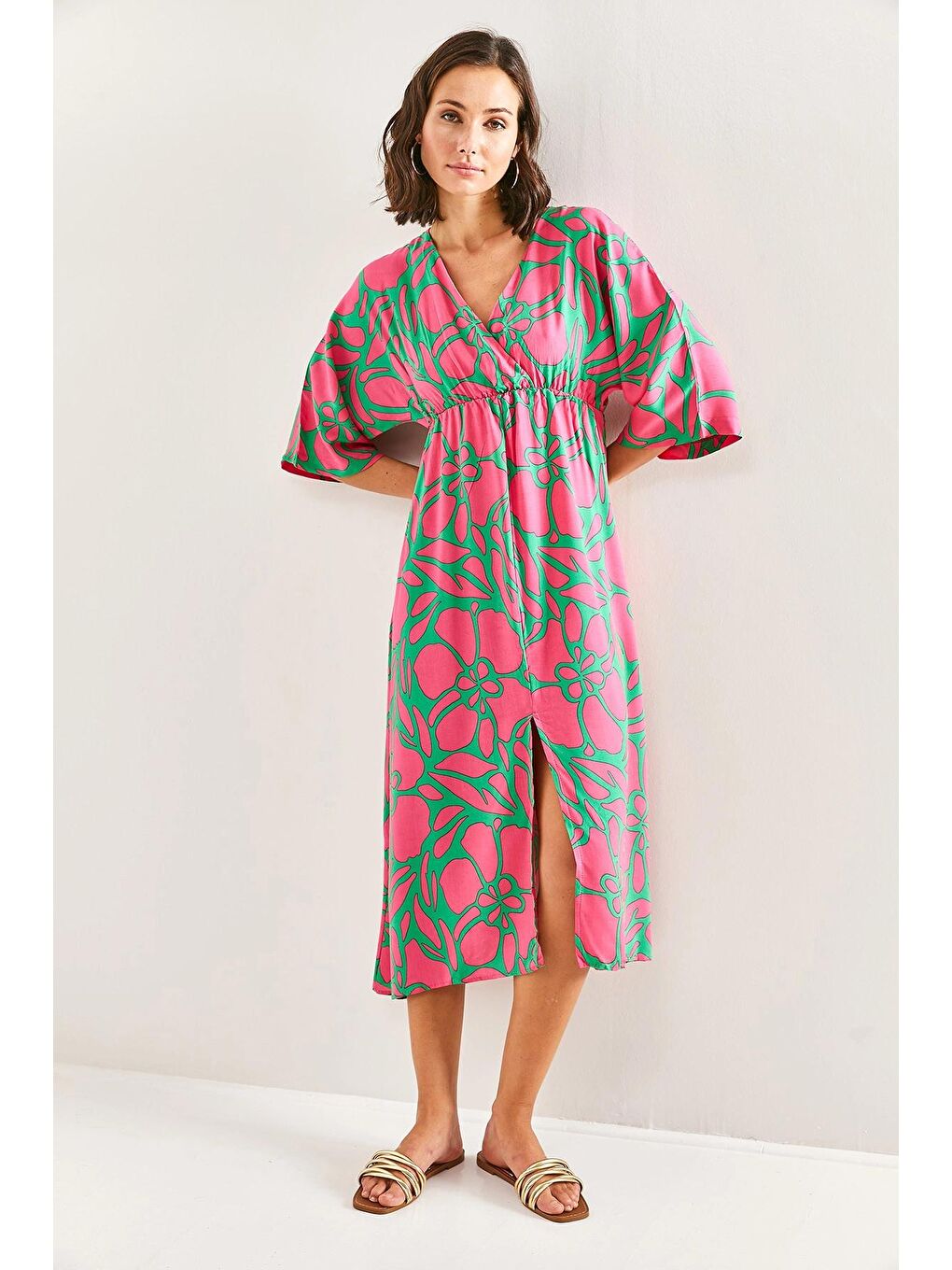 Yeşil Kadın Kruvaze Yaka Önden Yırtmaçlı Elbise