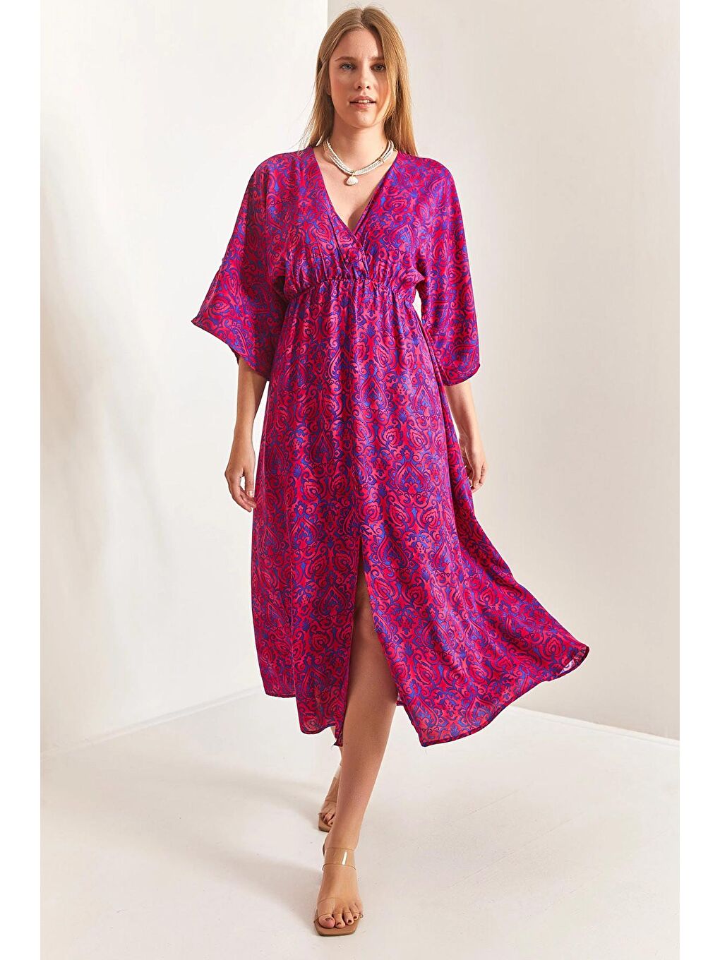 Fuşya Kadın Kruvaze Yaka Önden Yırtmaçlı Elbise-1