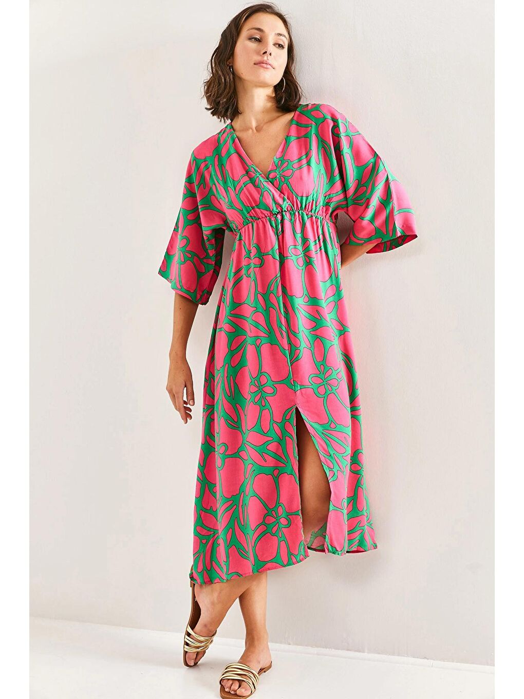 Yeşil Kadın Kruvaze Yaka Önden Yırtmaçlı Elbise-1