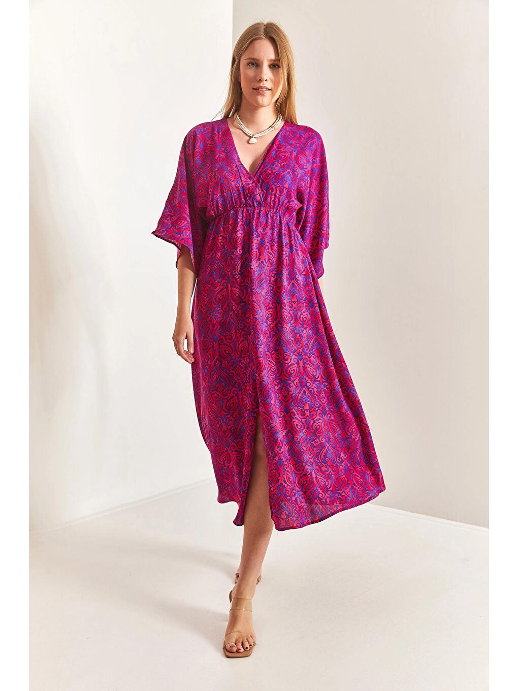 Fuşya Kadın Kruvaze Yaka Önden Yırtmaçlı Elbise-2