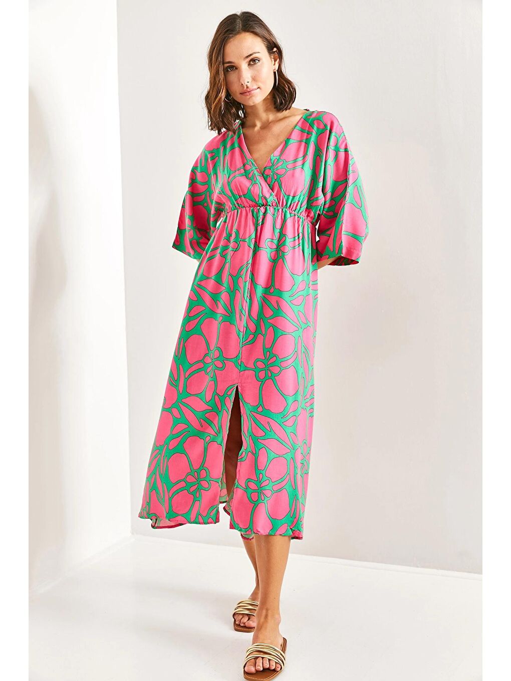 Yeşil Kadın Kruvaze Yaka Önden Yırtmaçlı Elbise-2