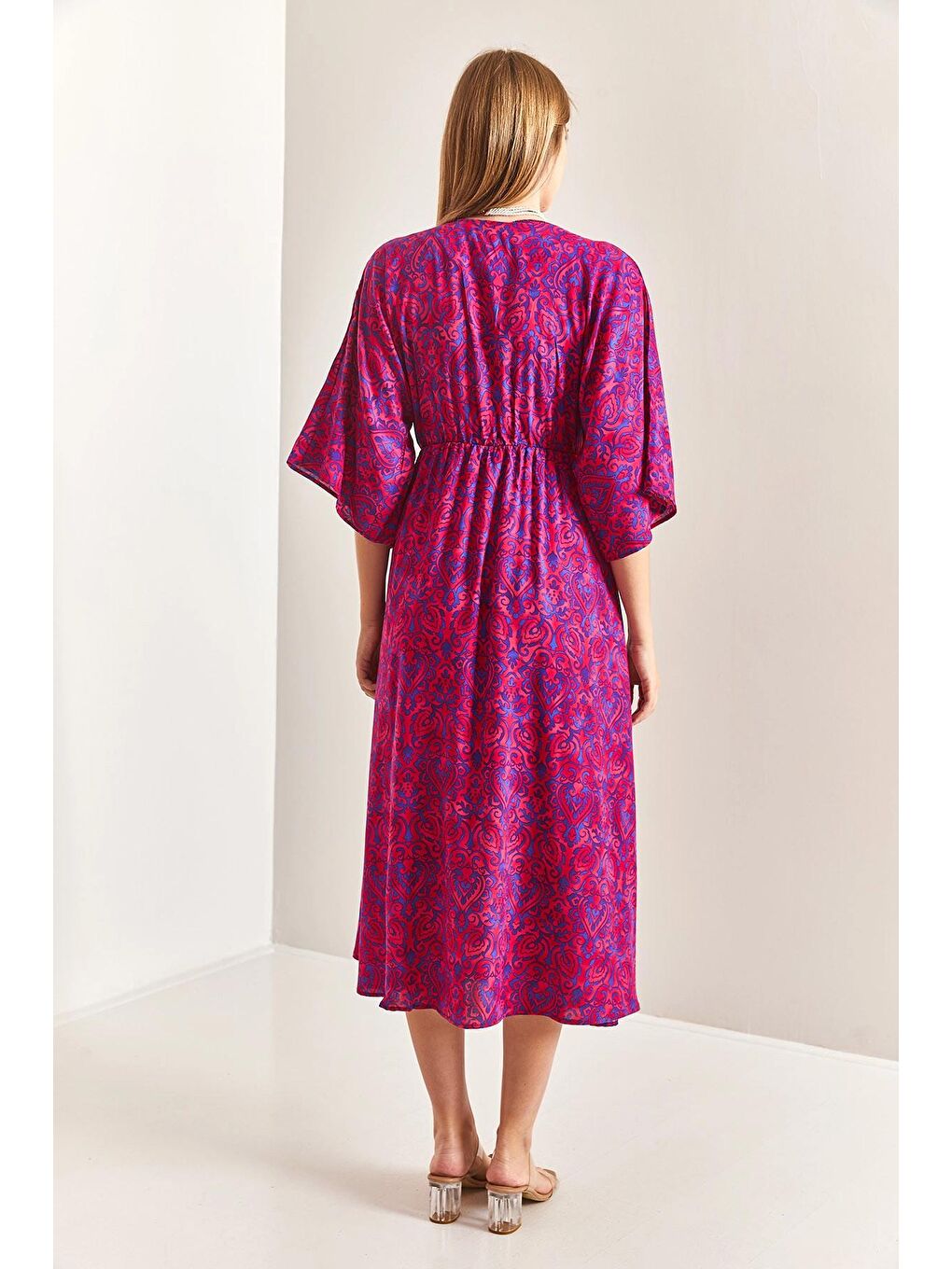 Fuşya Kadın Kruvaze Yaka Önden Yırtmaçlı Elbise-3