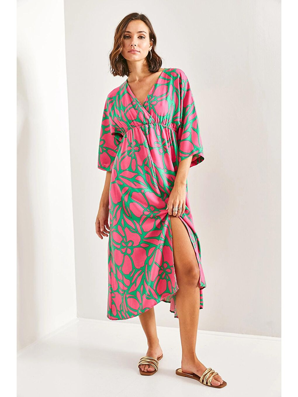 Yeşil Kadın Kruvaze Yaka Önden Yırtmaçlı Elbise-3