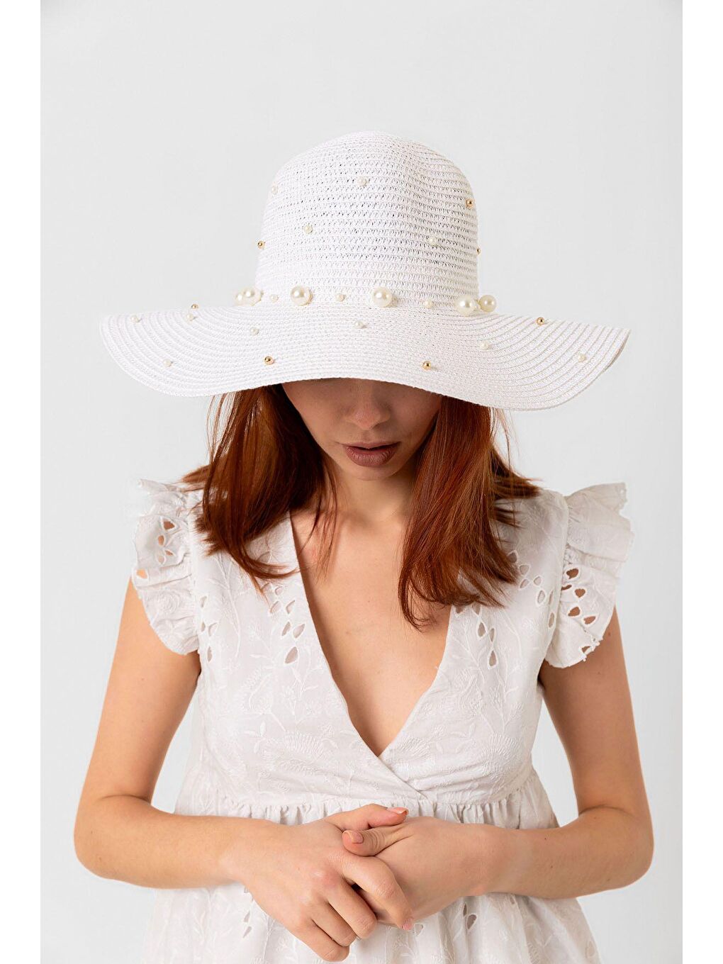 Beyaz Incili Geniş Hasır Şapka Hsr2069 Kutulu Gönderim-2