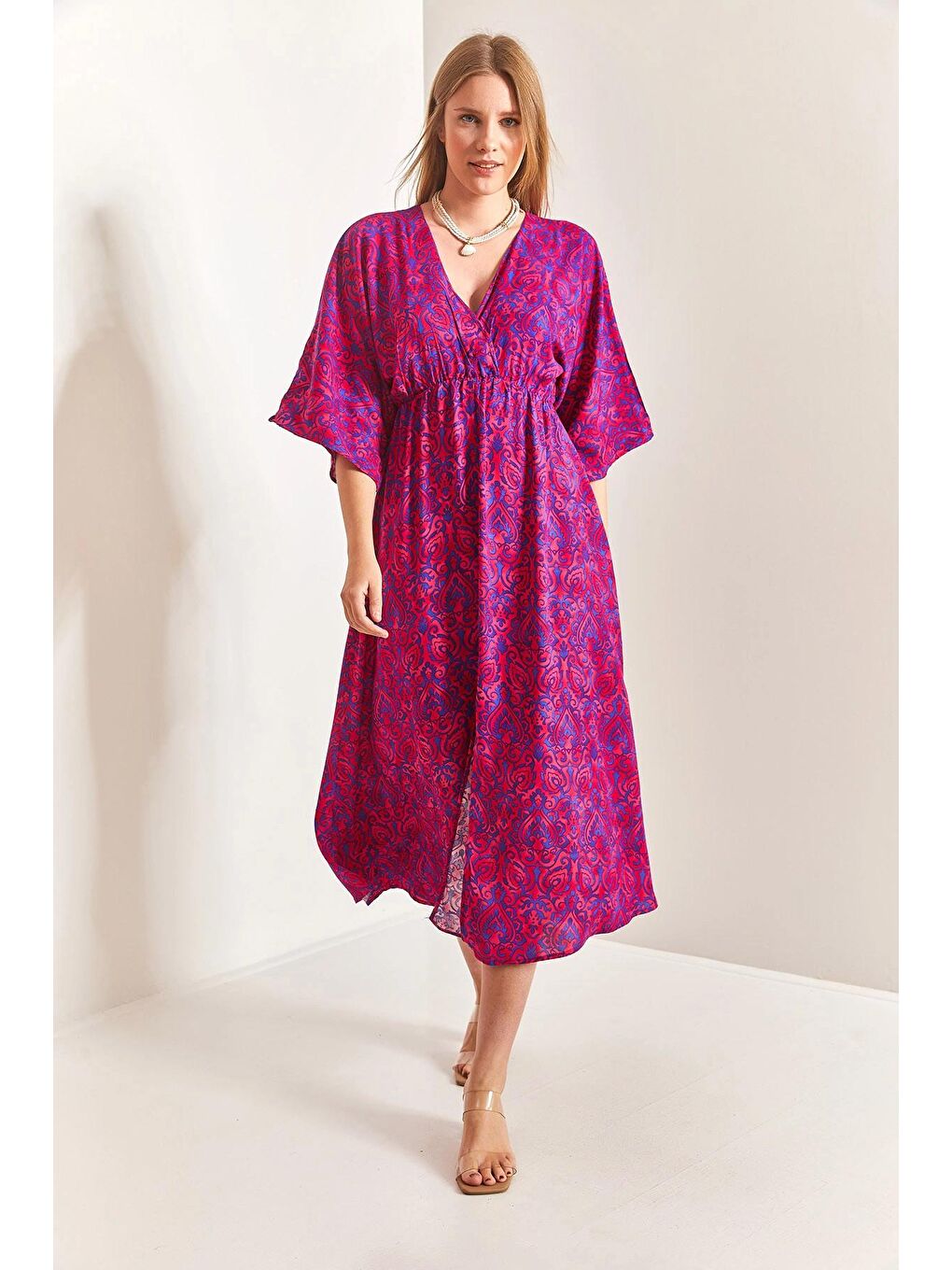 Fuşya Kadın Kruvaze Yaka Önden Yırtmaçlı Elbise-4