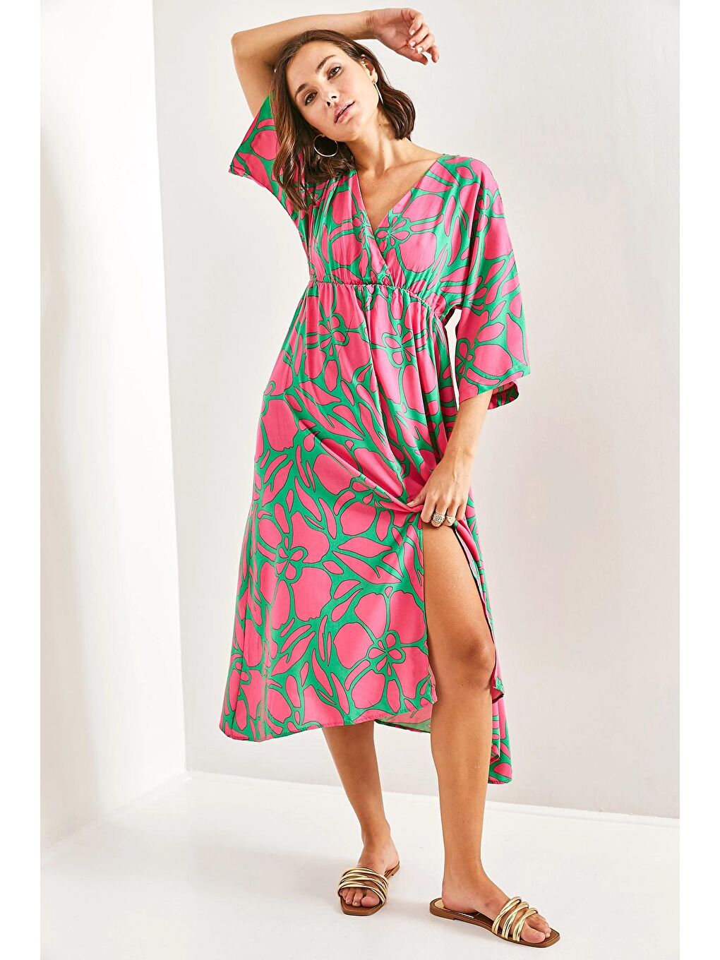 Yeşil Kadın Kruvaze Yaka Önden Yırtmaçlı Elbise-4