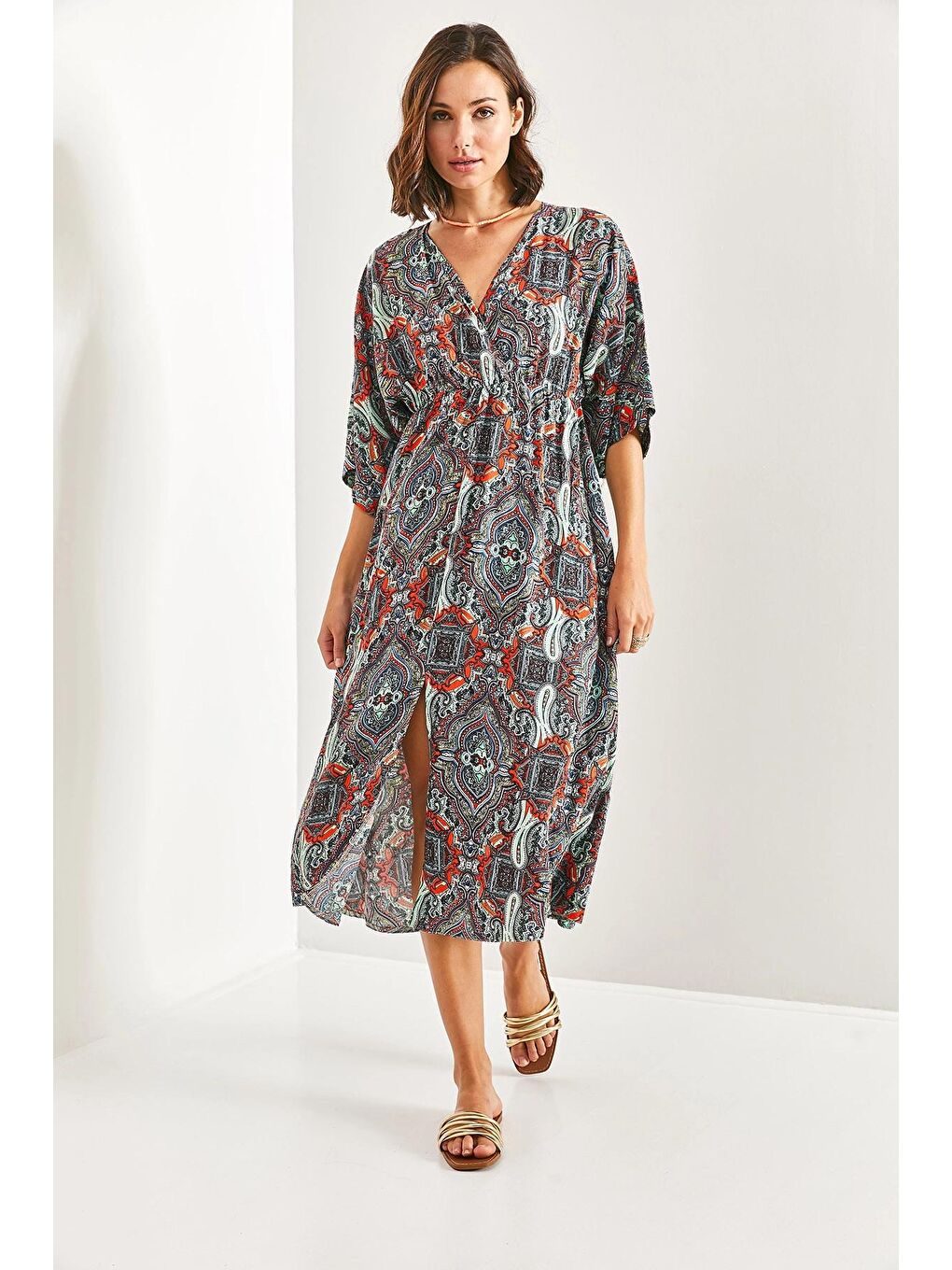 Karışık Kadın Kruvaze Yaka Önden Yırtmaçlı Elbise-1